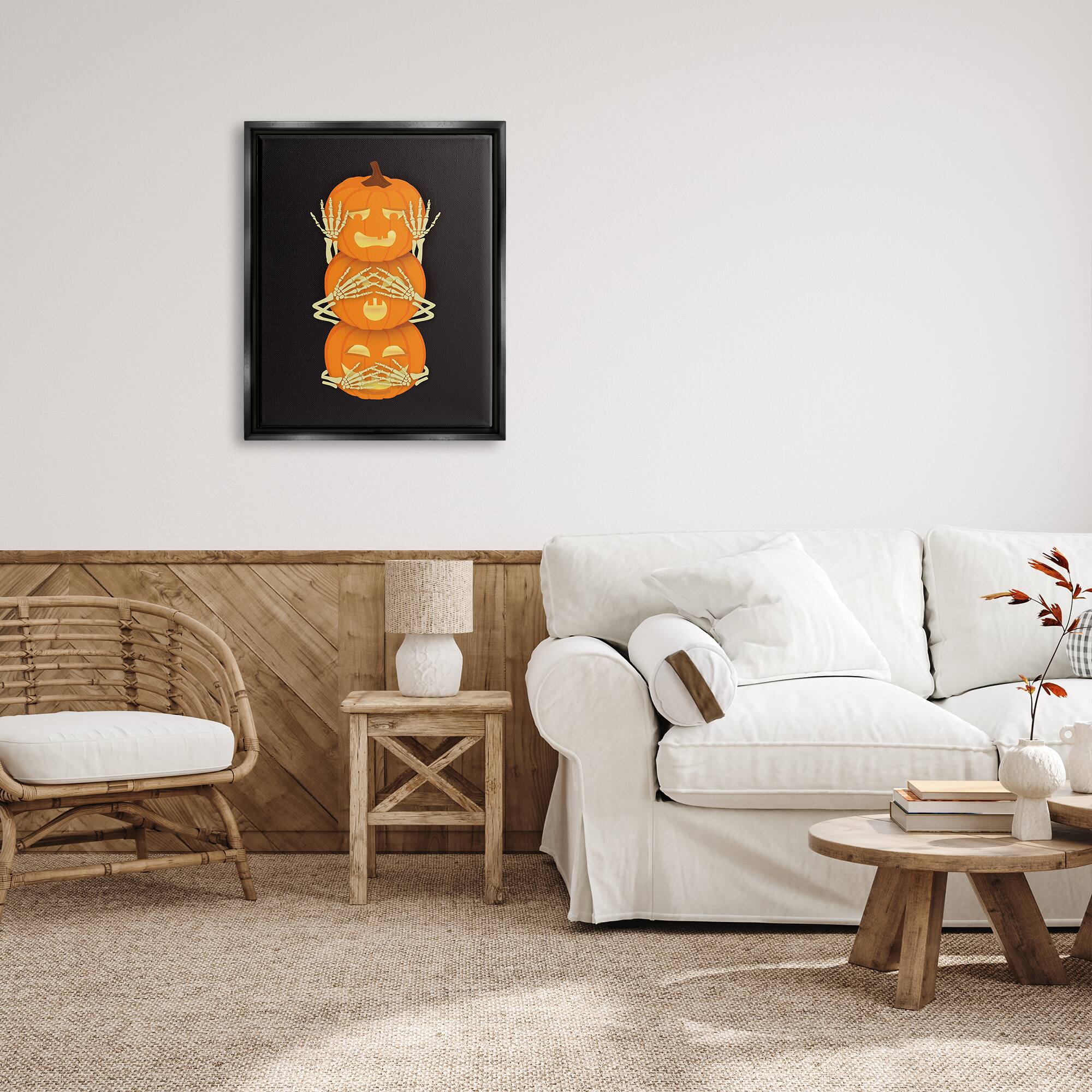 Stupell Industries Hear See Speak No Evil Pumpkins Framed Floater Canvas Wall Art
