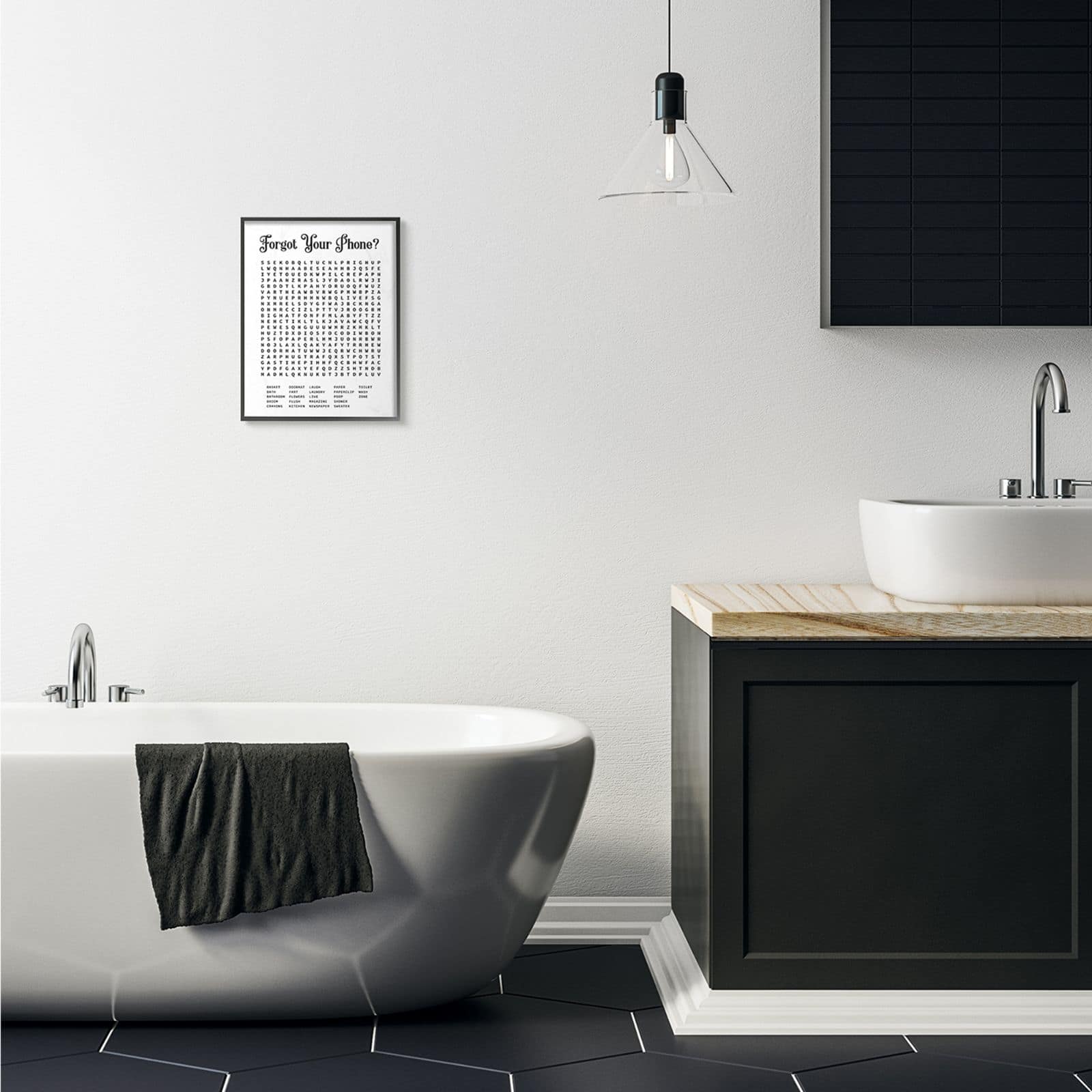 Stupell Industries Bathroom Word Search Puzzle Black Framed Print
