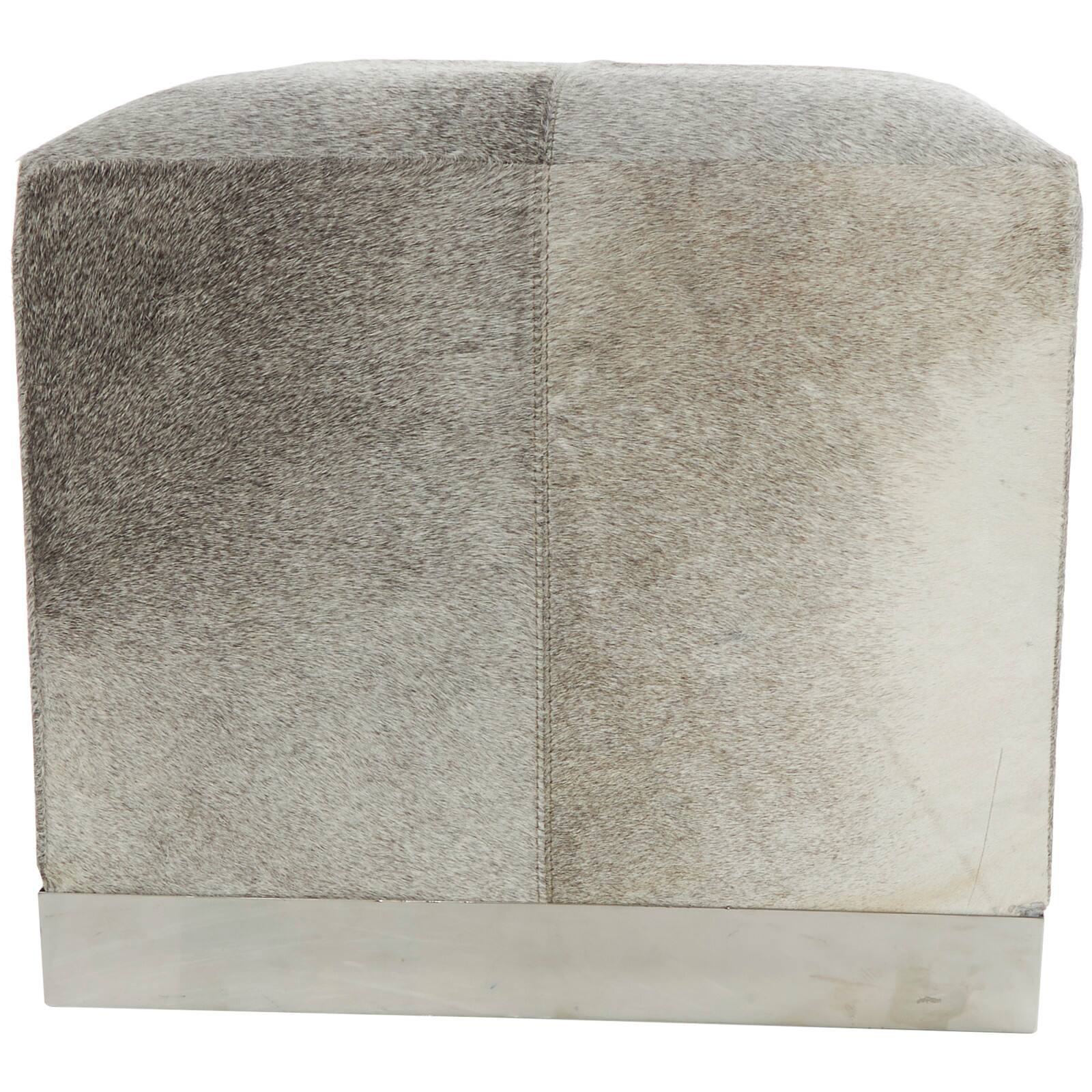 17" Gray Leather Patchwork Pouf with Silver Metal Base