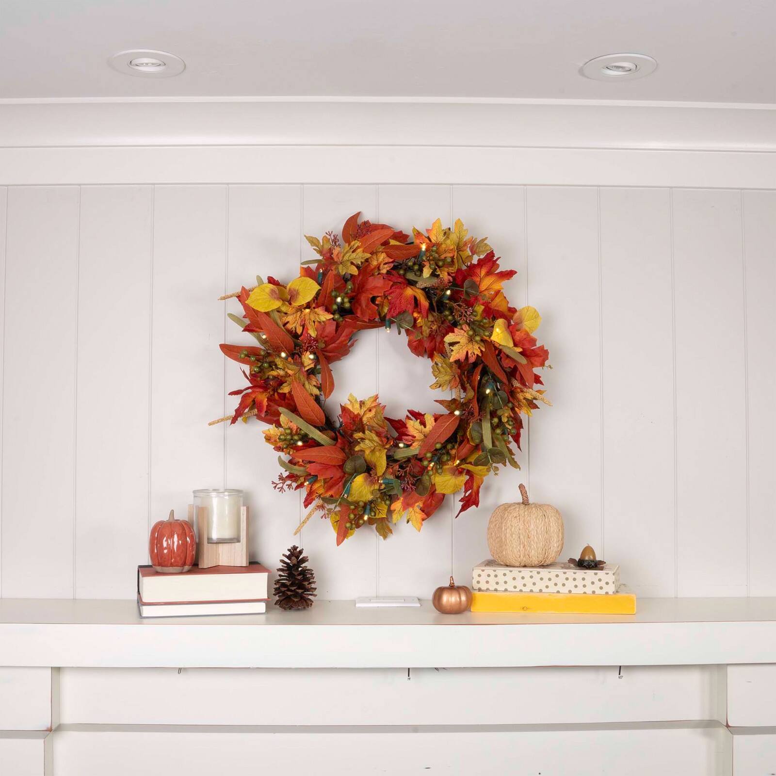 24&#x22; Pre-Lit Fall Harvest Leaf Holiday Wreath