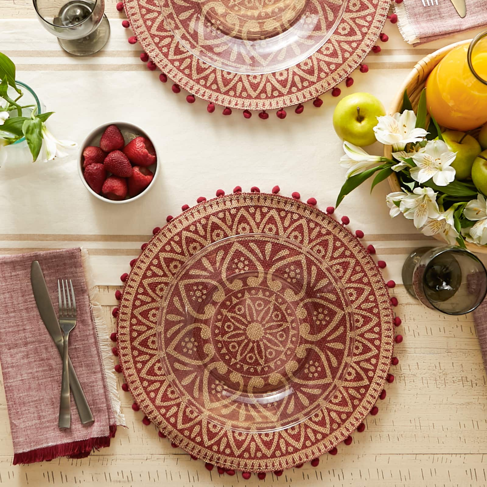 Barn Red Block Print On Natural Round Jute Placemat (Set of 6)