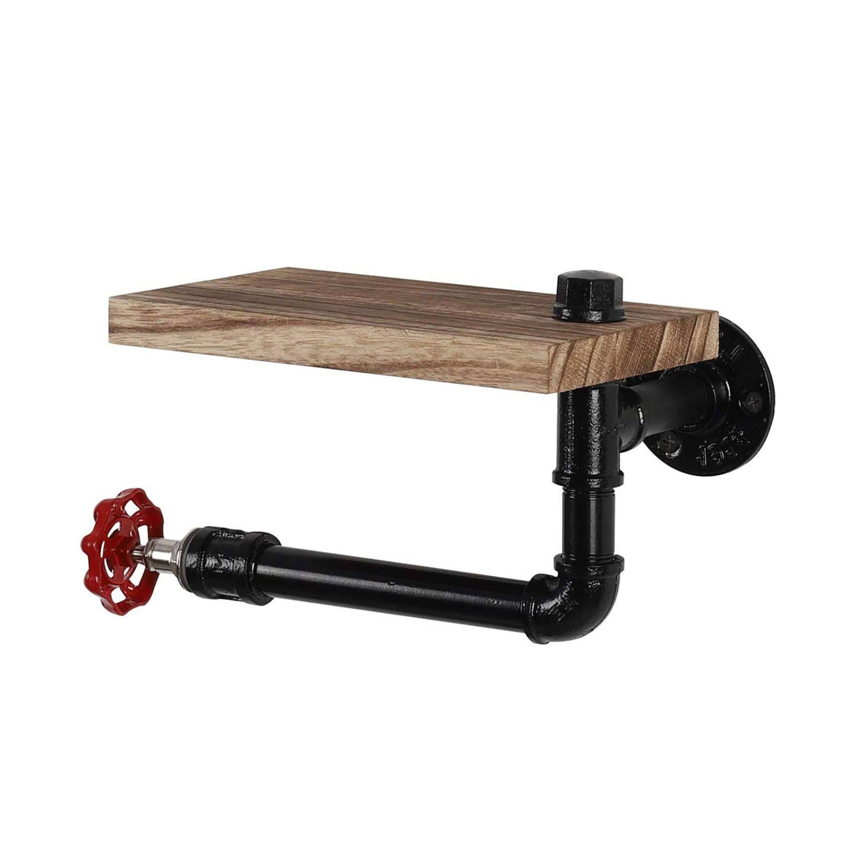 Dark Brown Industrial Wall-Mounted Rustic Toilet Paper Holder with Wood Shelf