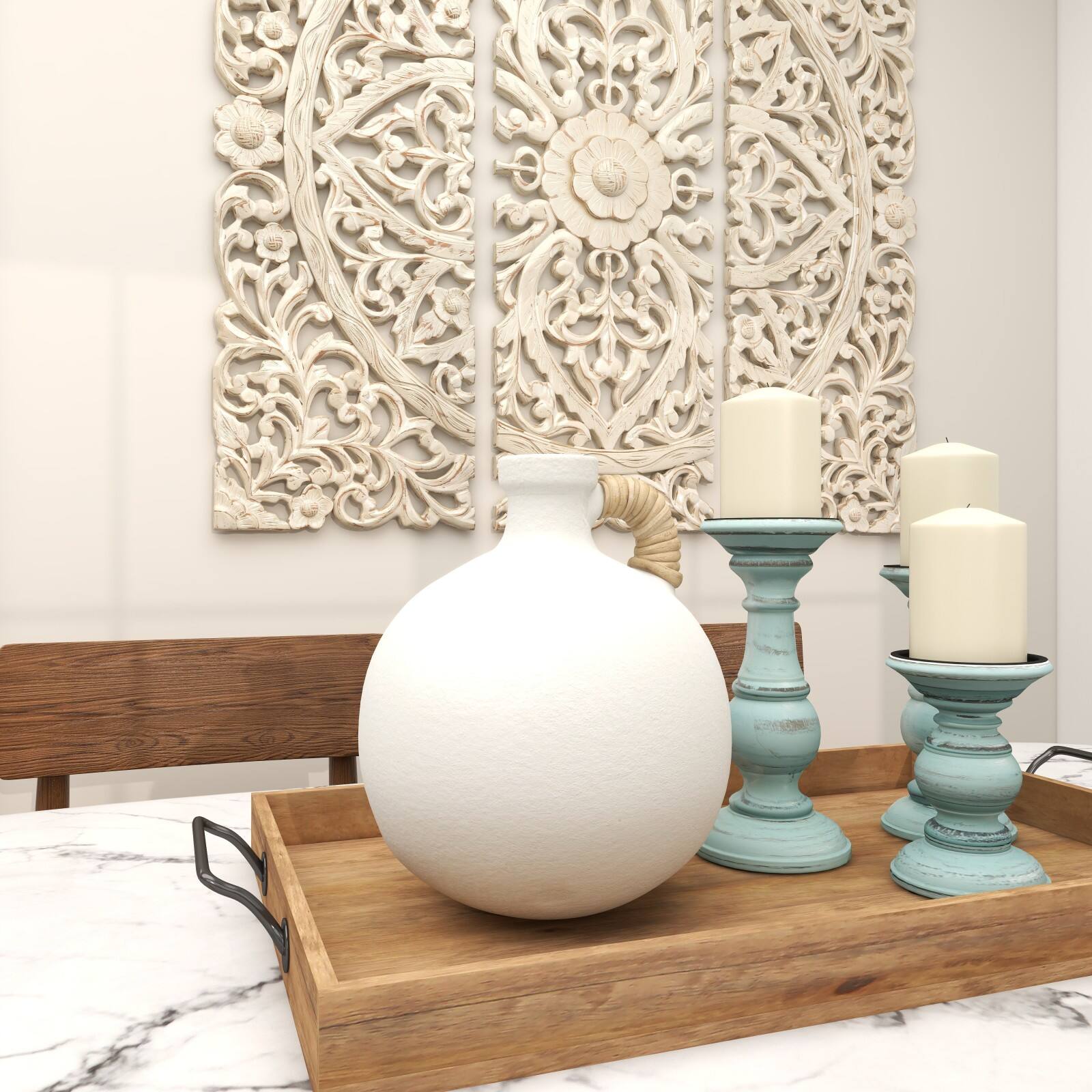 11" White Ceramic Jug Inspired Vase with Rattan Wrapped Handle