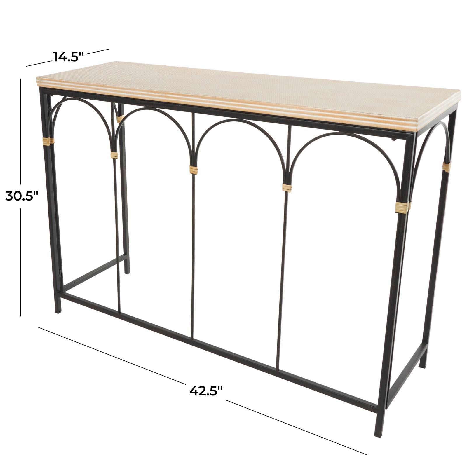 42.5" Black Arched Console Table with Zig Zag Patterned Top and Rattan Accents