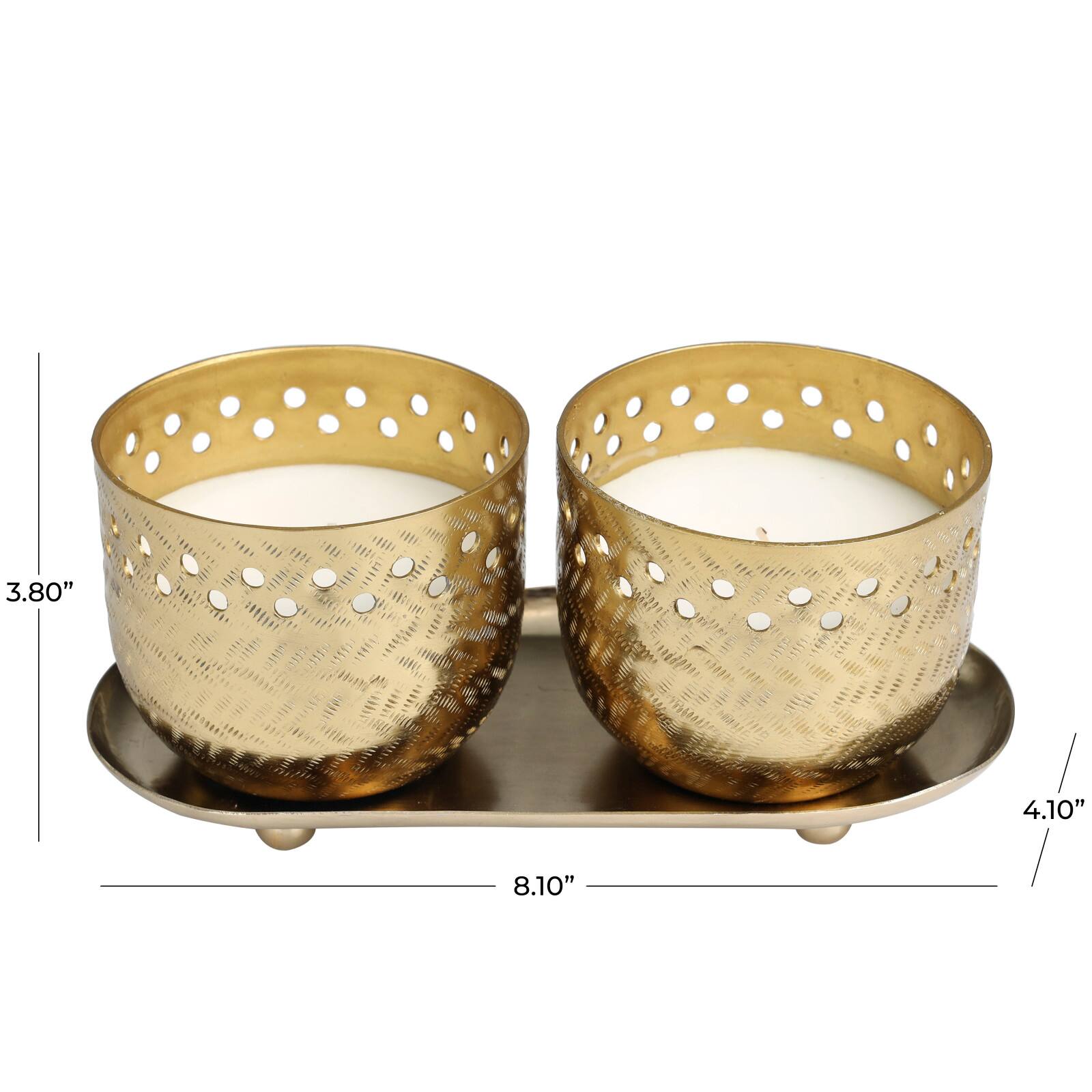 Egyptian Mint Scented Cutout Spotted Candles in Gold Bowls Set