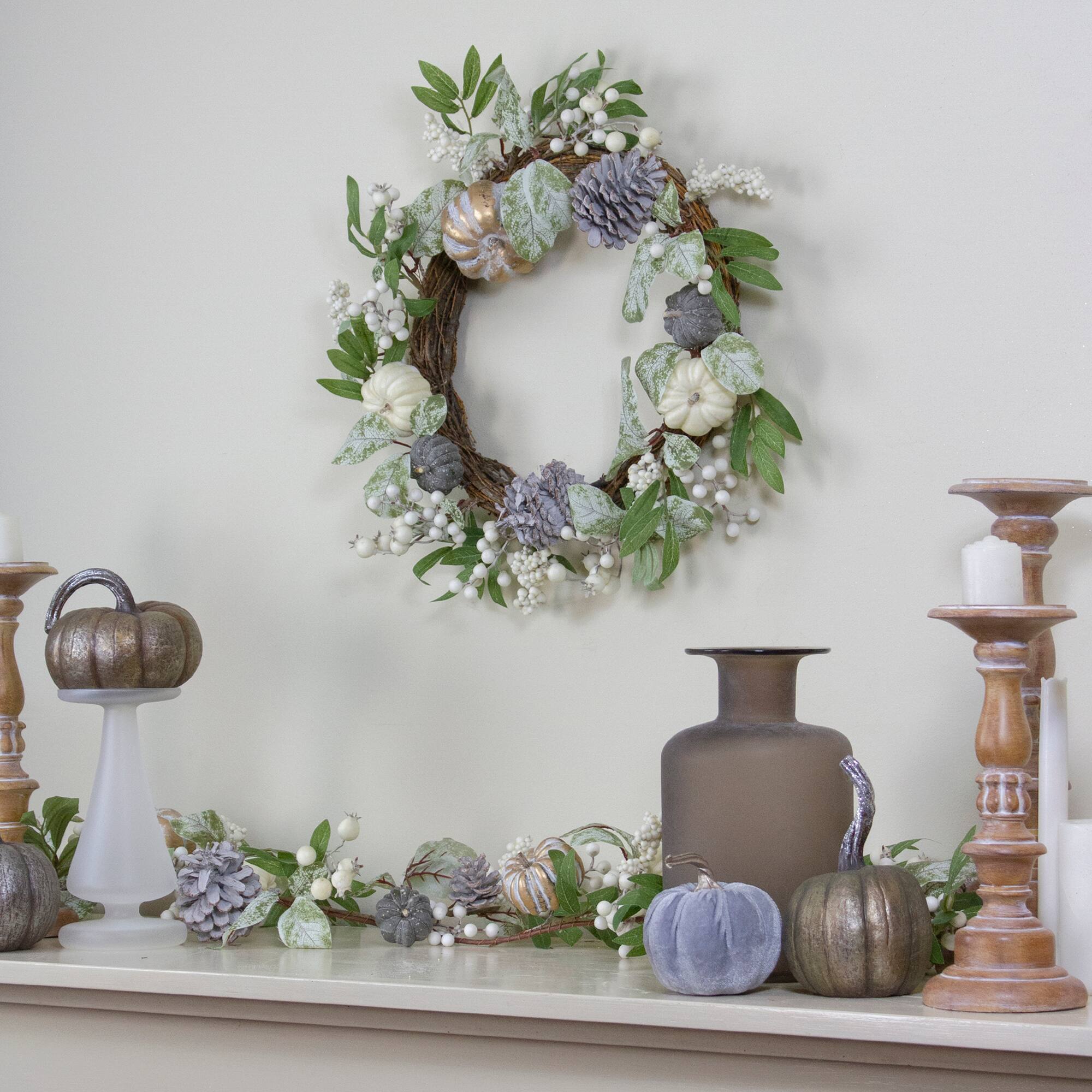 20" White Pumpkin, Berries & Leaves Twig Wreath