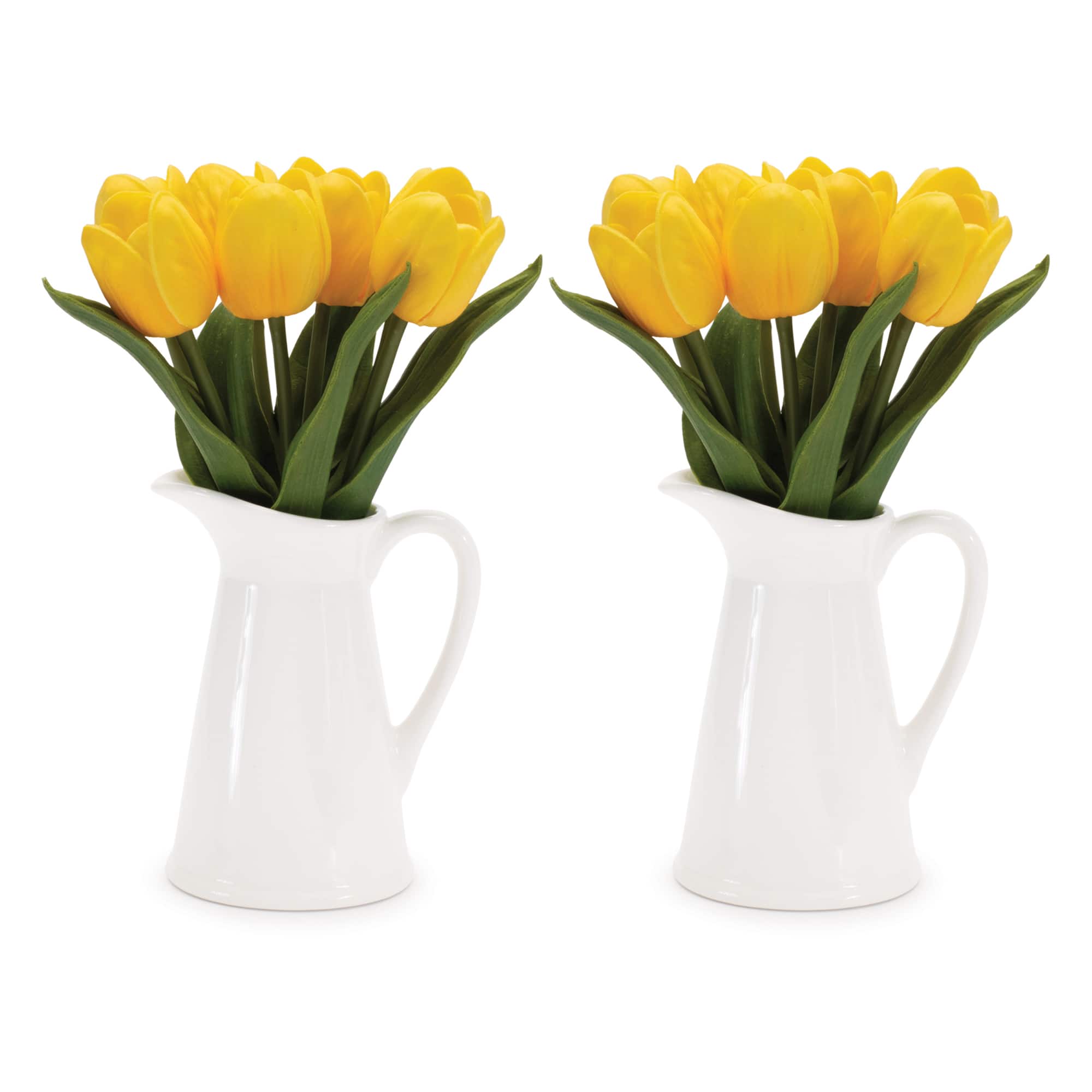 9.5&#x22; Yellow Tulip Floral Pitcher Vase, 2ct.