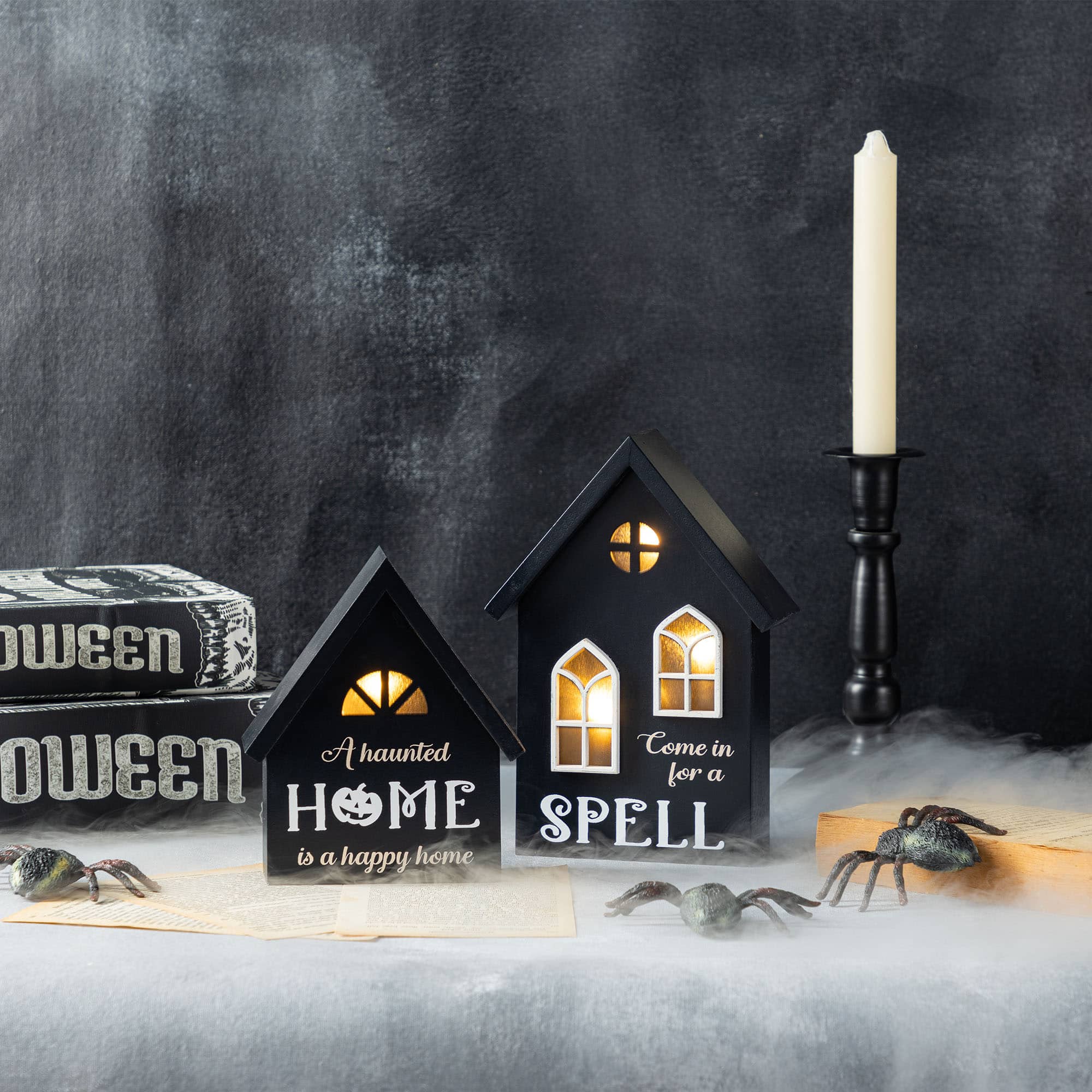 Glitzhome&#xAE; 8&#x22;H Lighted Halloween Wooden House-shaped Table Decor Set