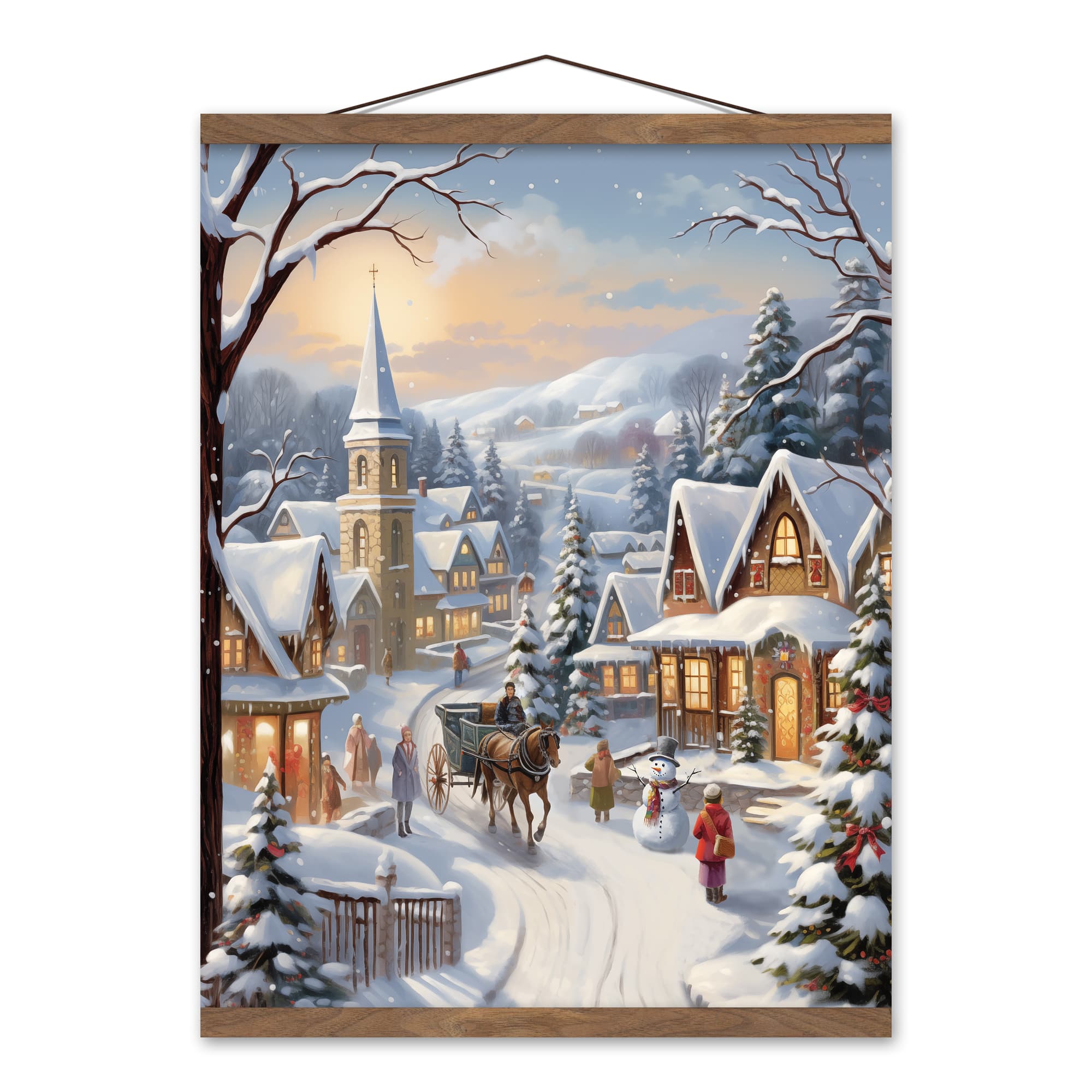 Christmas Village Scene 16" x 20" Teak Hanging Canvas