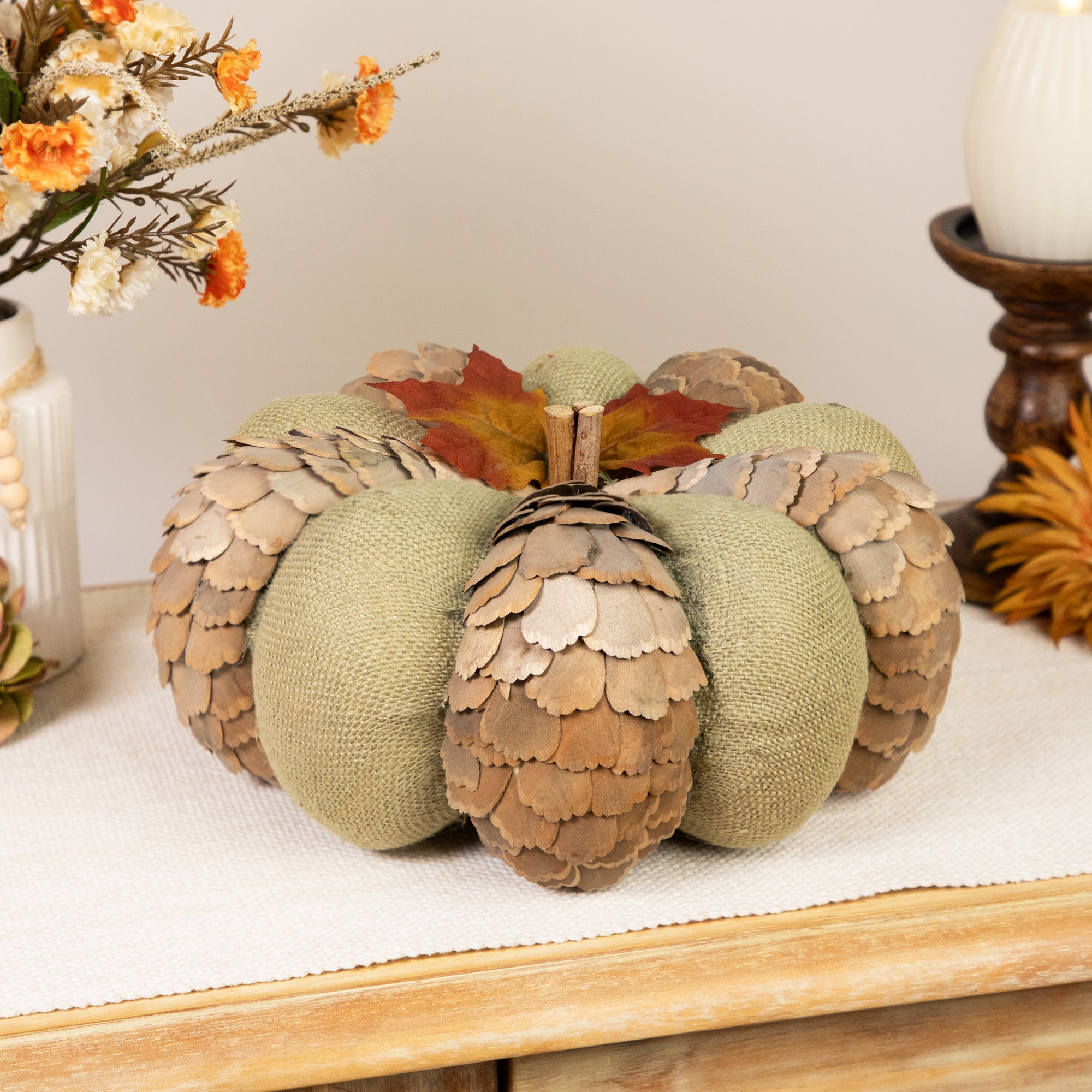 10" Green & Brown Autumn Harvest Tabletop Pumpkin