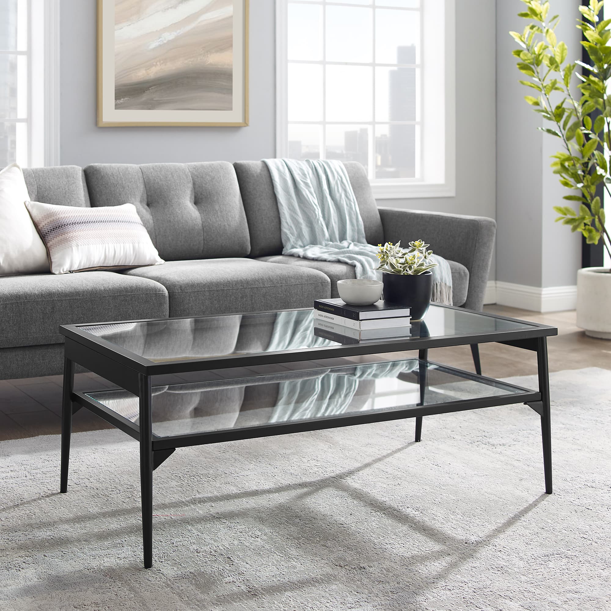 42&#x22; Black Two Tier Glass and Metal Coffee Table