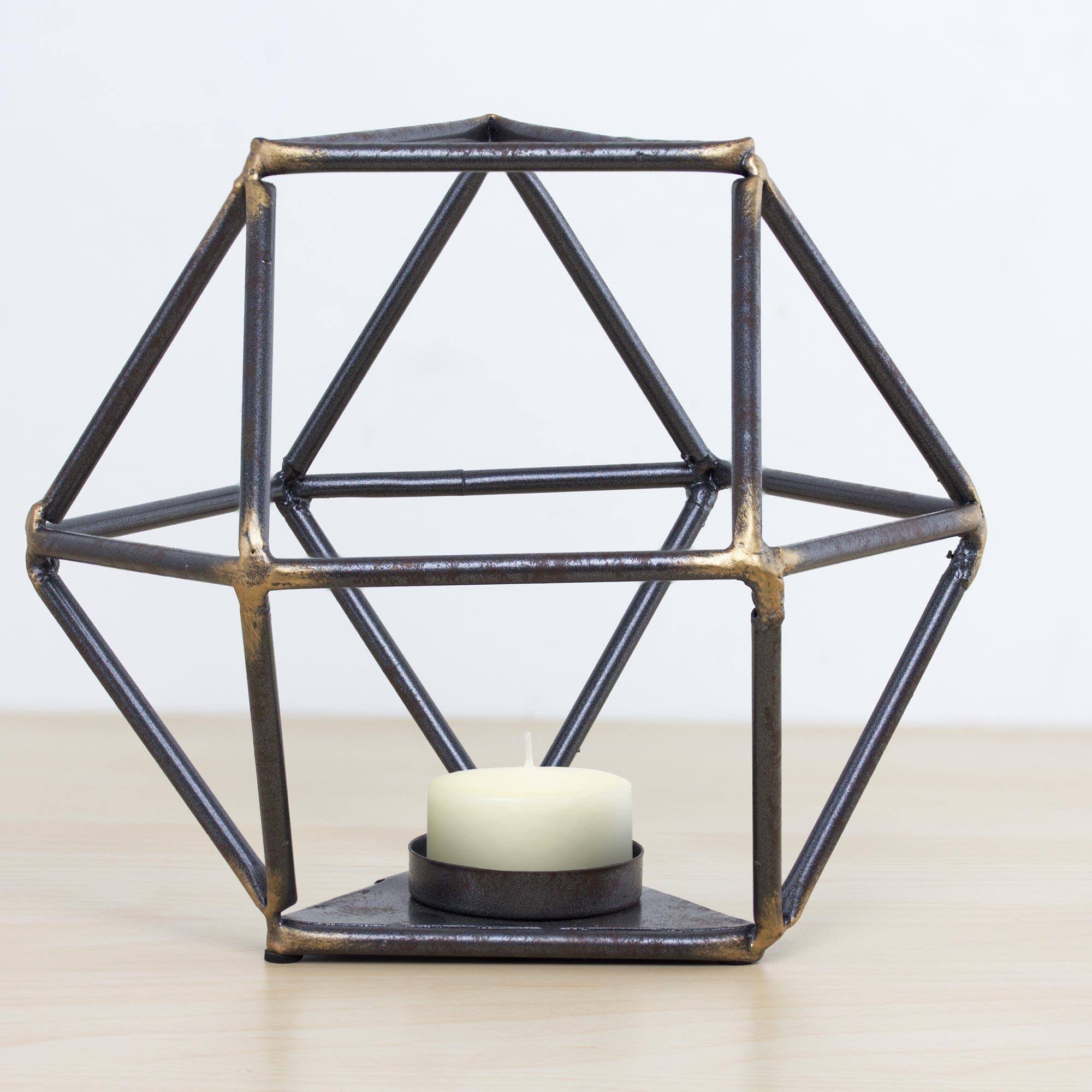 7.5&#x22; Dark Silver &#x26; Gold Geometric Metal Candle Holder