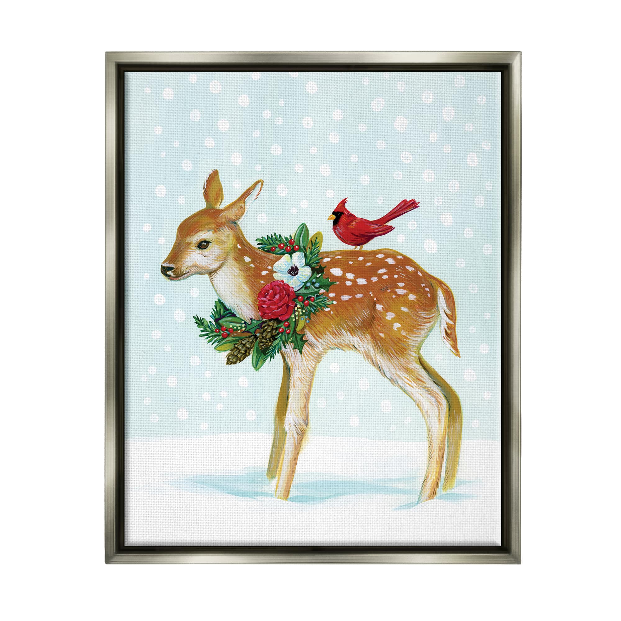 Stupell Industries Snowy Deer Holiday Cardinal Framed Floater Canvas Wall Art