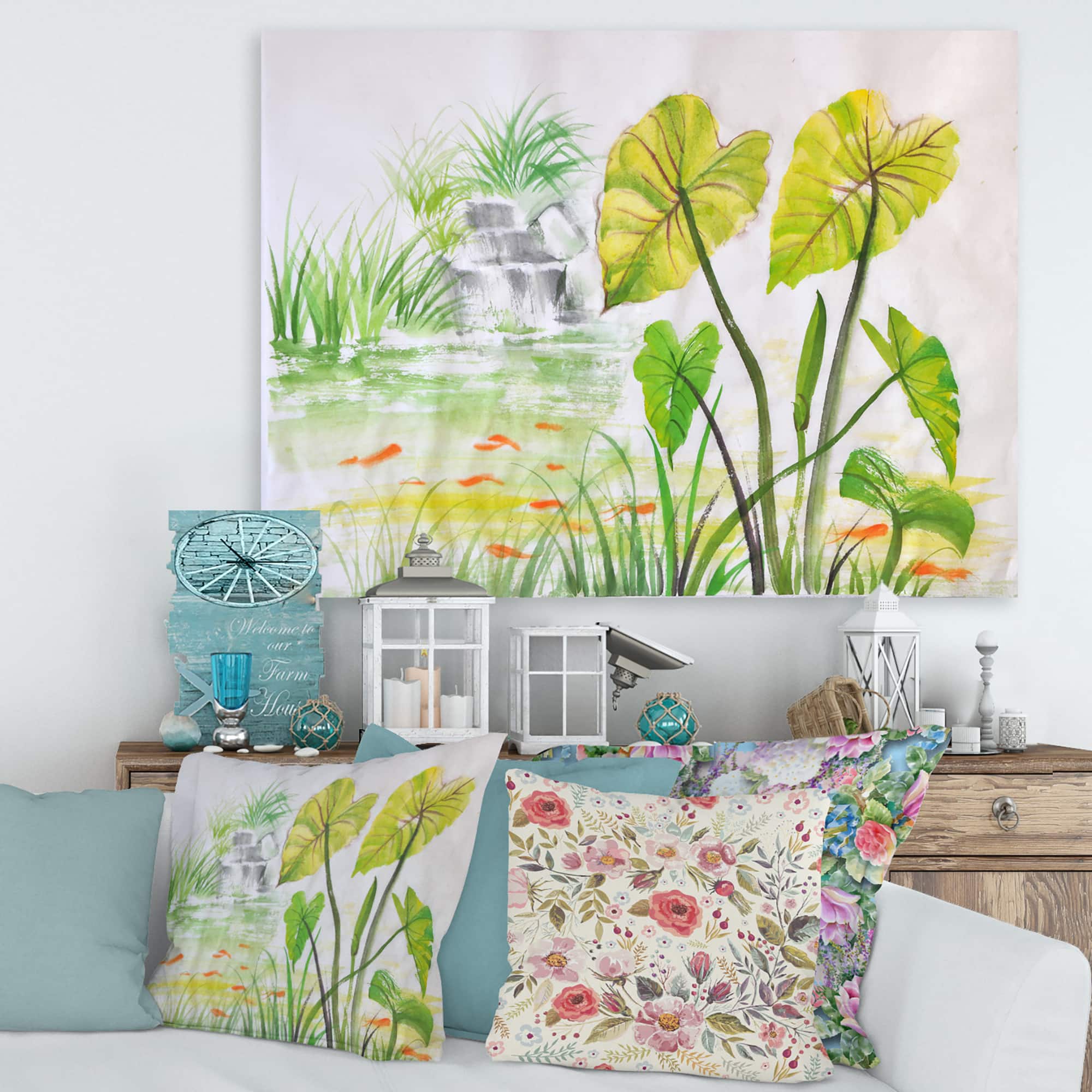 Designart - Vintage Lotus Pond - Lake House Canvas Wall Art Print