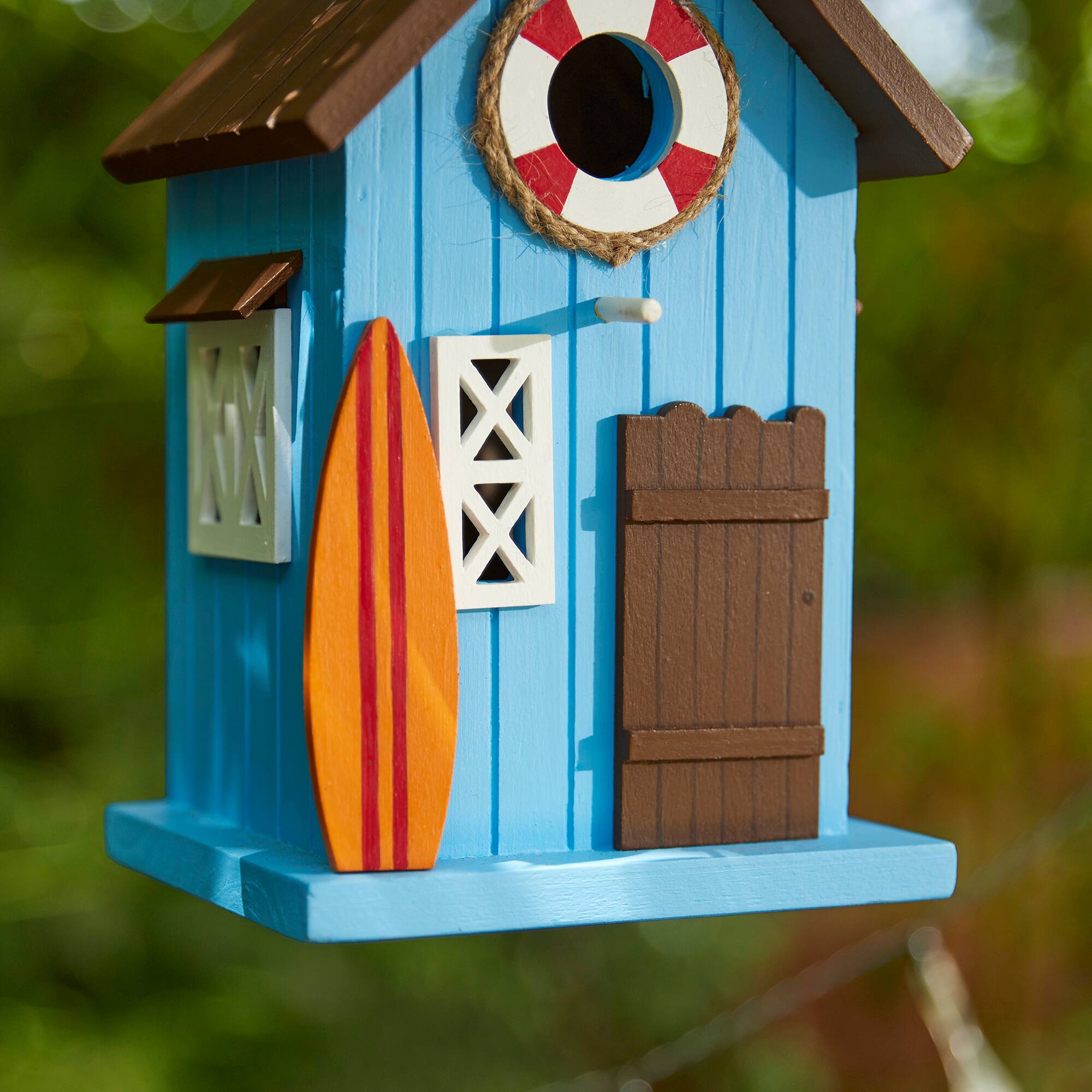 Glitzhome® 10" Modern Blue Wood Beach Hut Birdhouse