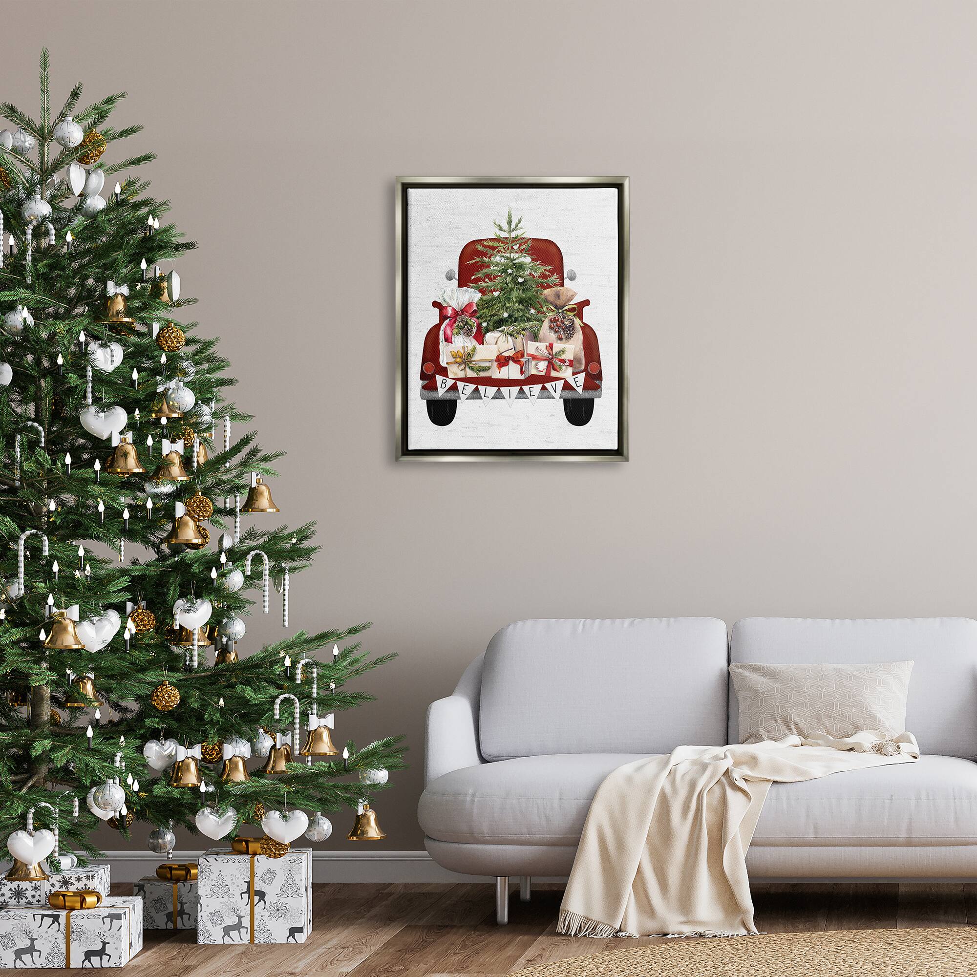 Stupell Industries Believe Seasonal Christmas Truck Framed Floater Canvas Wall Art