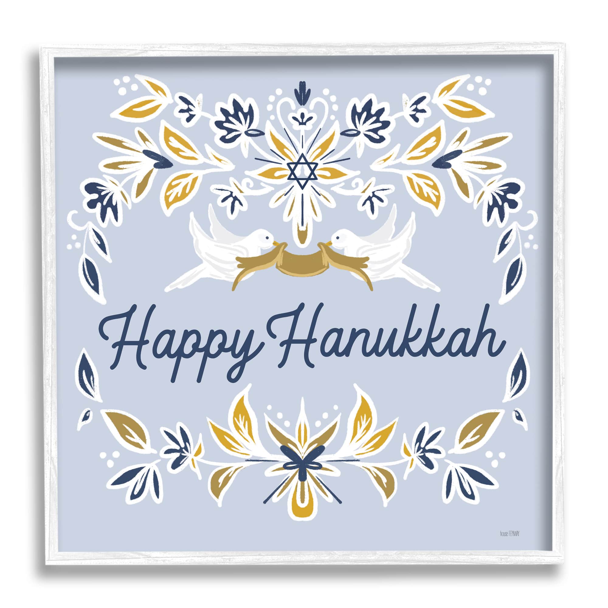 Stupell Industries Happy Hanukkah Floral Doves Banner Framed Giclee Art