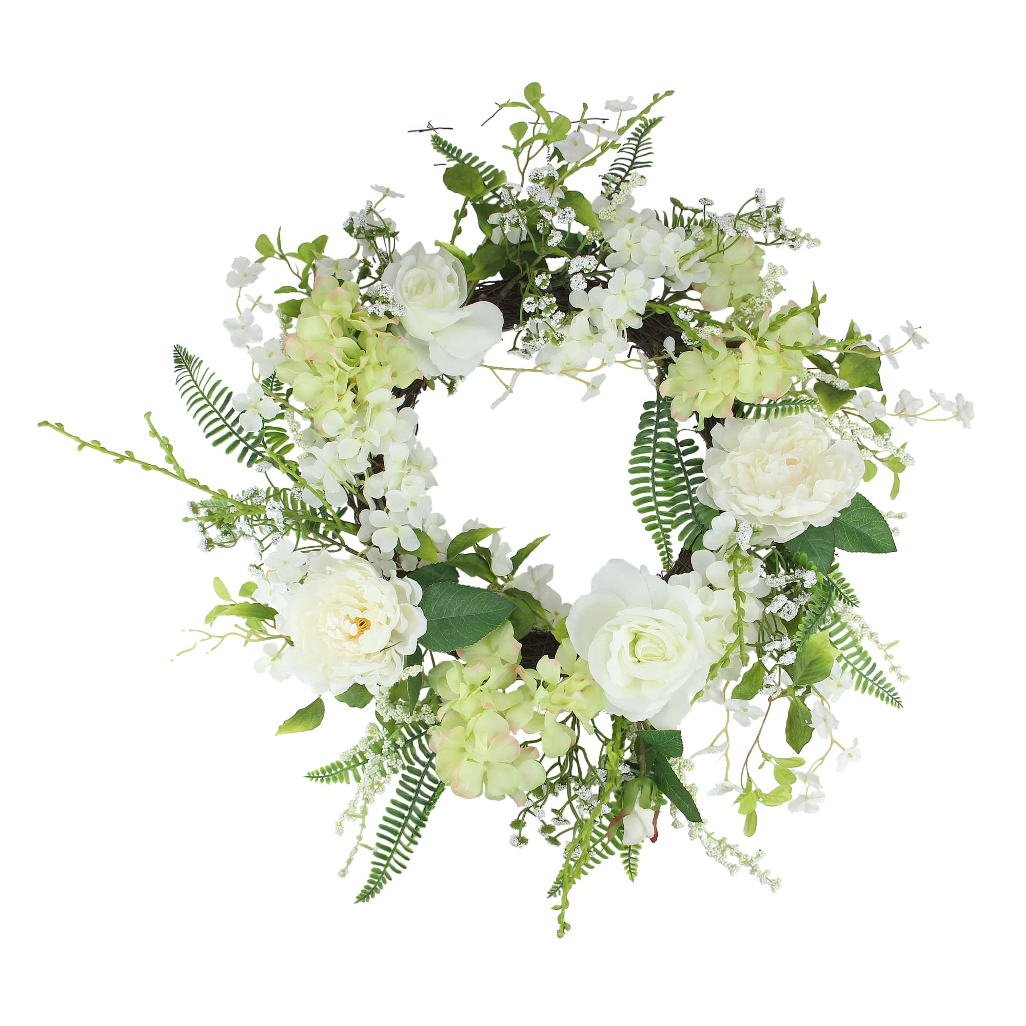 24&#x22; White &#x26; Green Peony &#x26; Rose Artificial Floral Spring Wreath