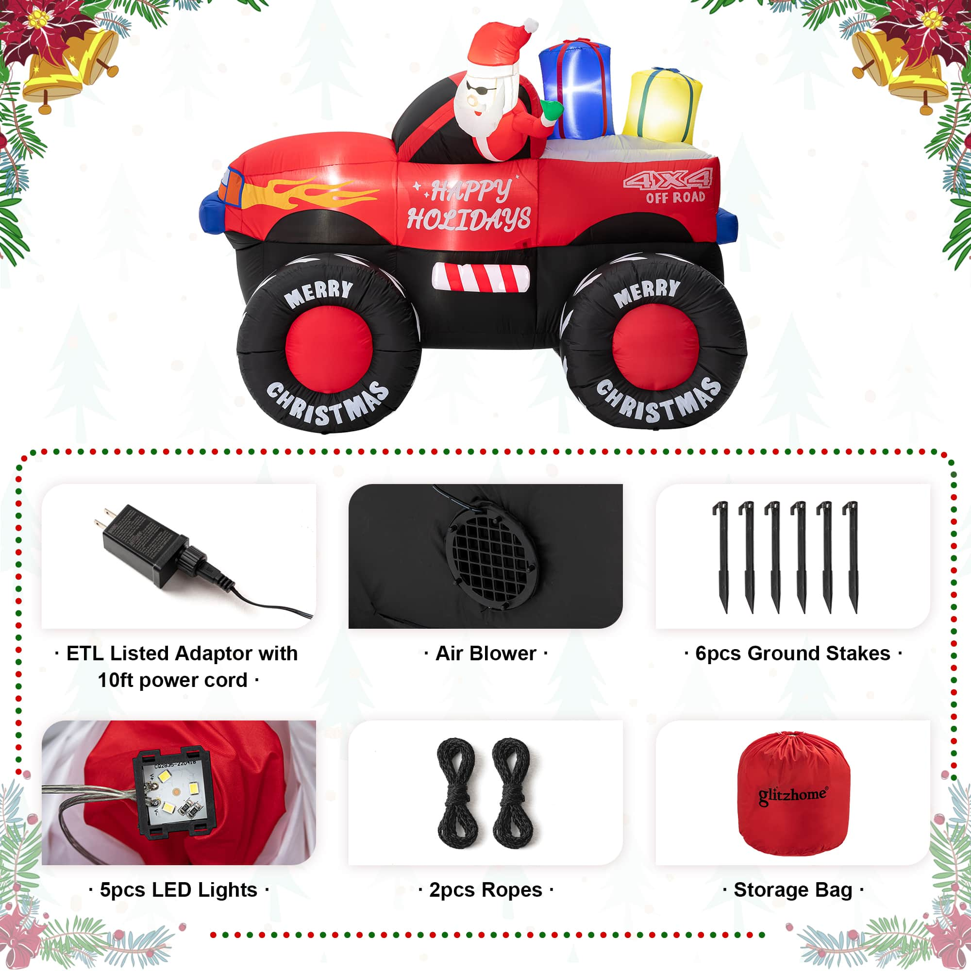 Glitzhome&#xAE; 7ft. LED Lighted Santa Claus Pickup Truck Inflatable D&#xE9;cor