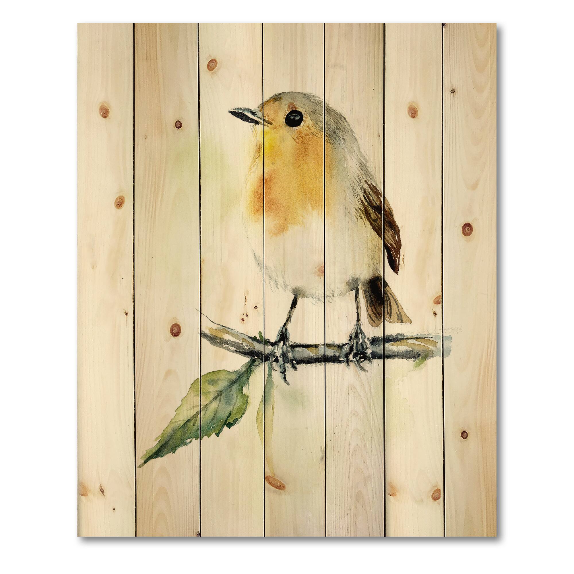 Designart - Little Robin Bird On A Branch - Traditional Print on Natural Pine Wood