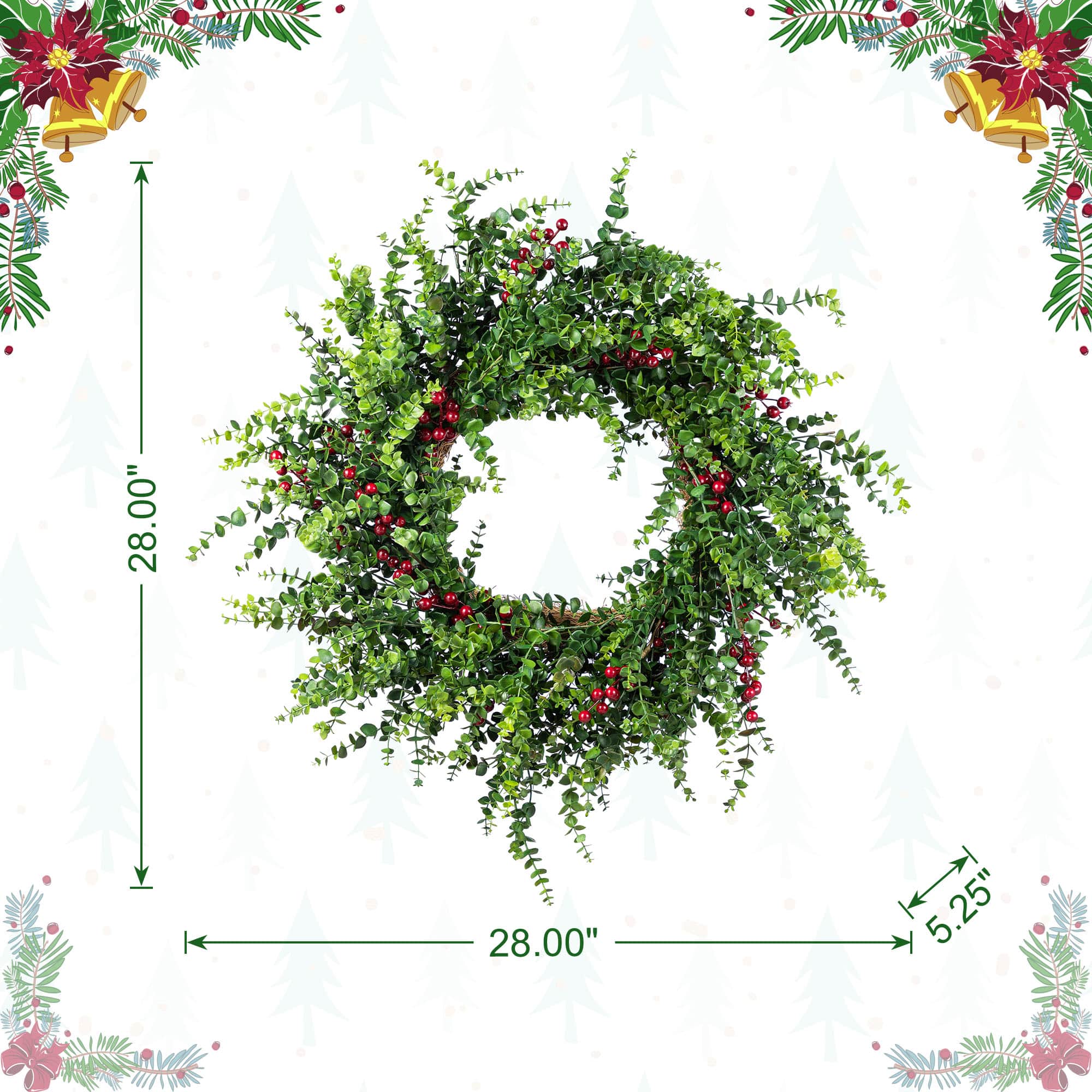 Glitzhome&#xAE; 28&#x22;D Christmas Greenery PE Eucalyptus Wreath with Red Berries