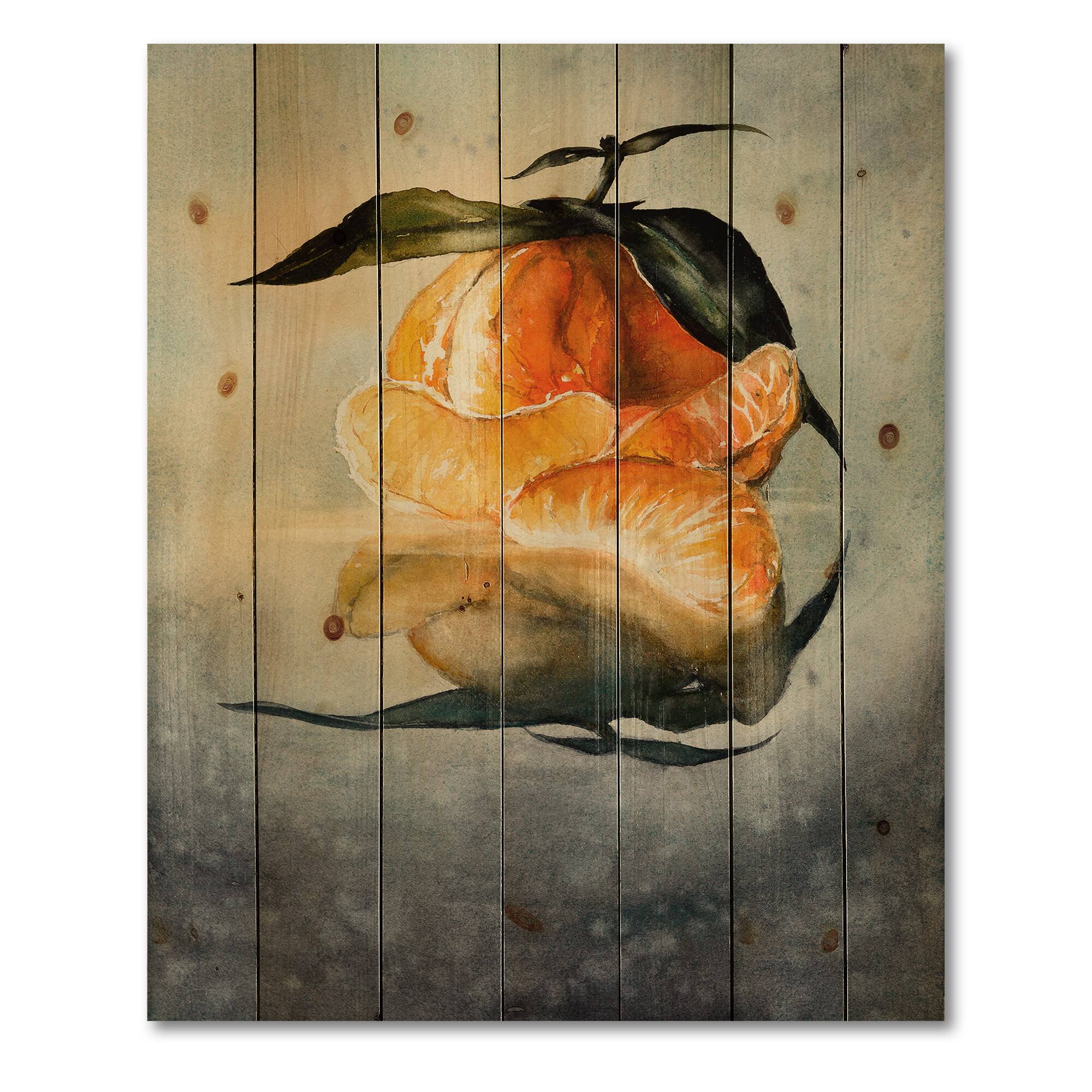 Designart - One Peeled Fresh Orange Mandarin With Green Leaves - Traditional Print on Natural Pine Wood