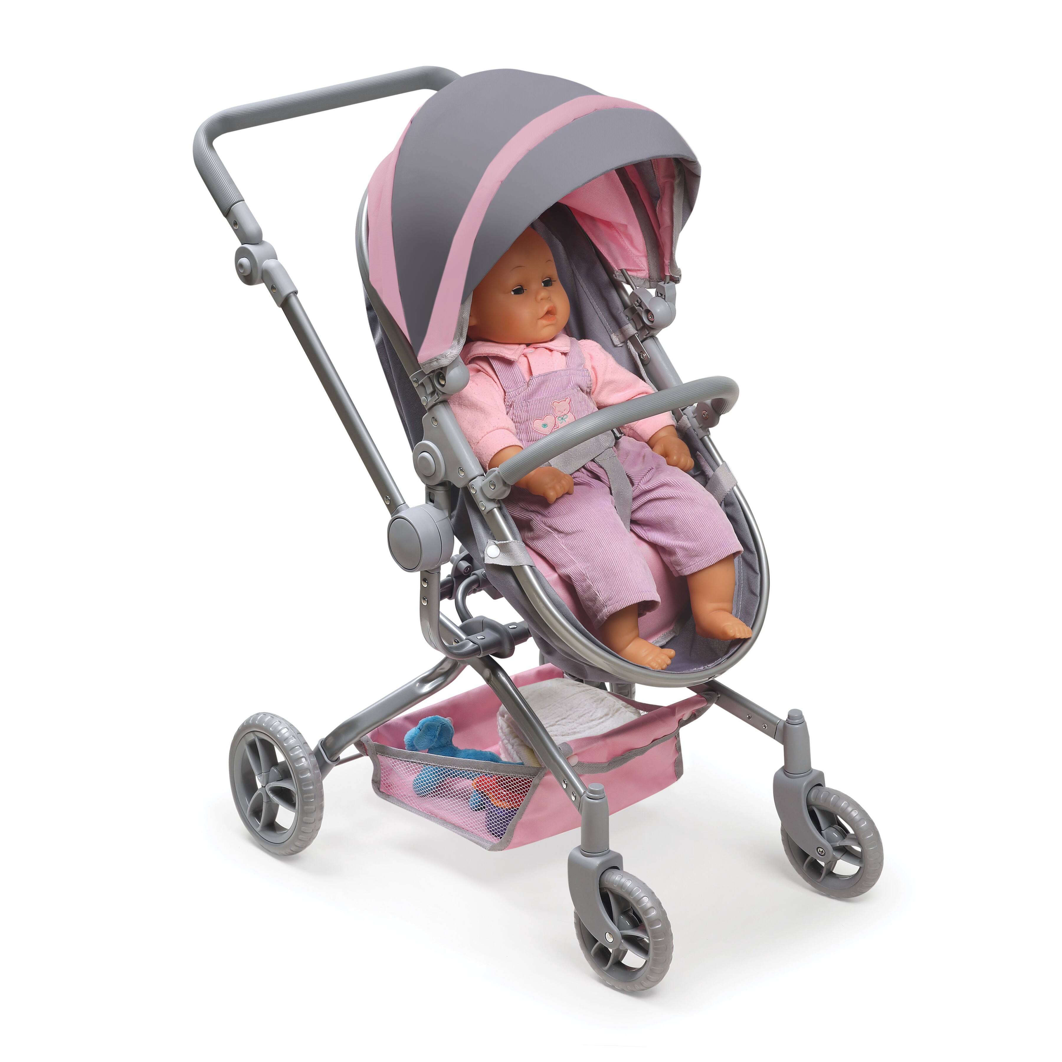 Badger Basket Gray &#x26; Pink Daydream Multi-Function Single Doll Pram &#x26; Stroller