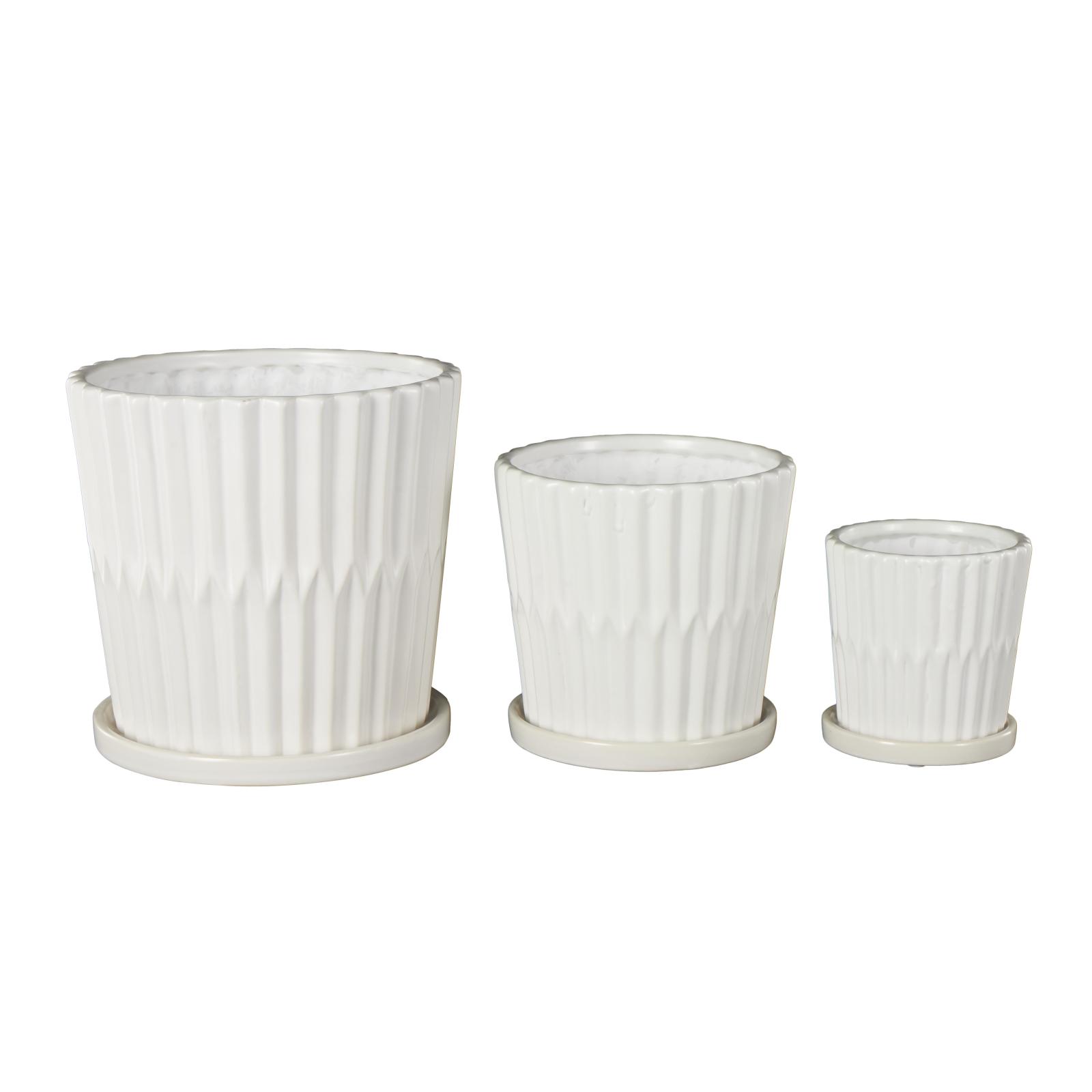 White Double Ribbed Textured Ceramic Planter Set