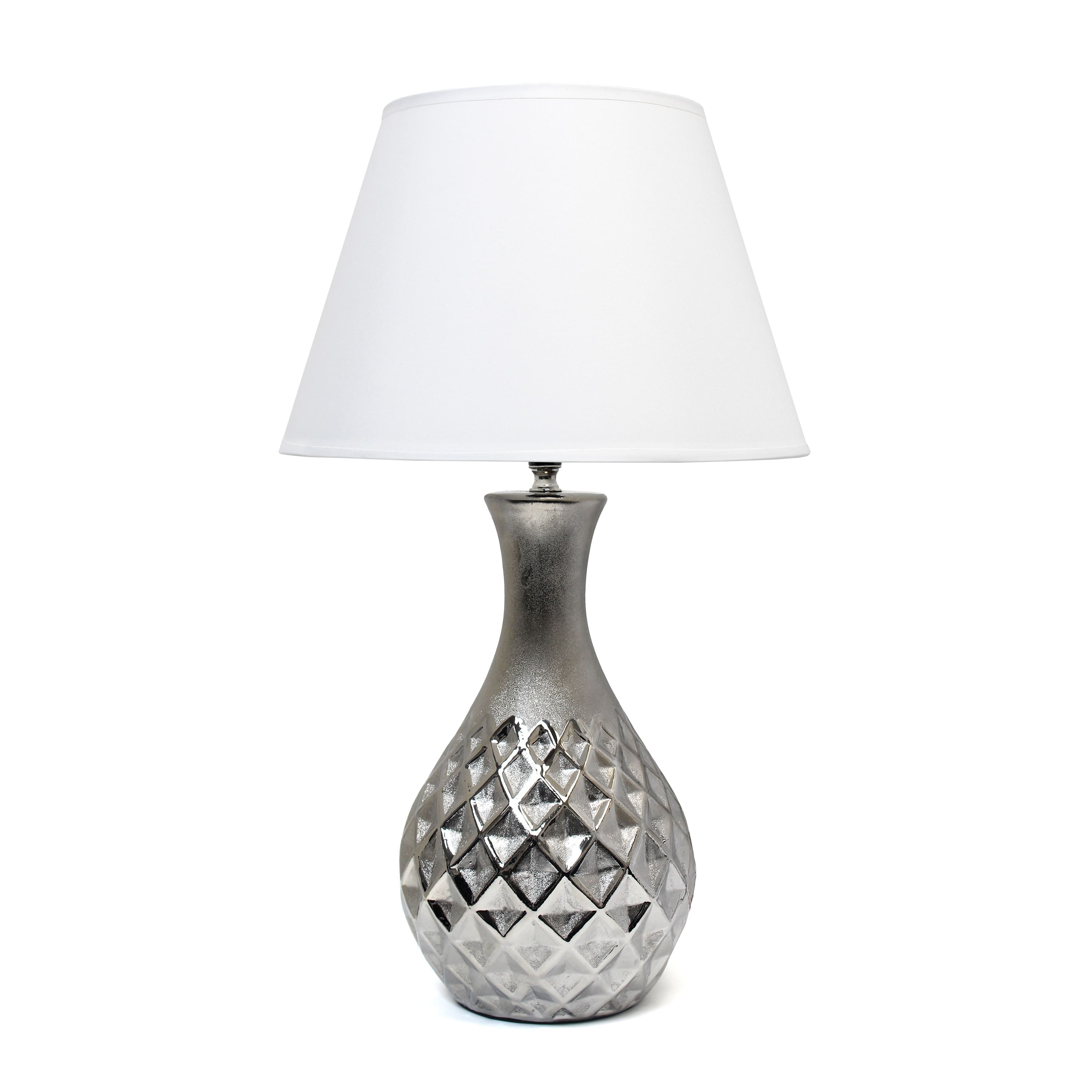 Elegant Designs 20.5" Metallic Silver Geometric Ceramic Table Lamp with White Fabric Shade