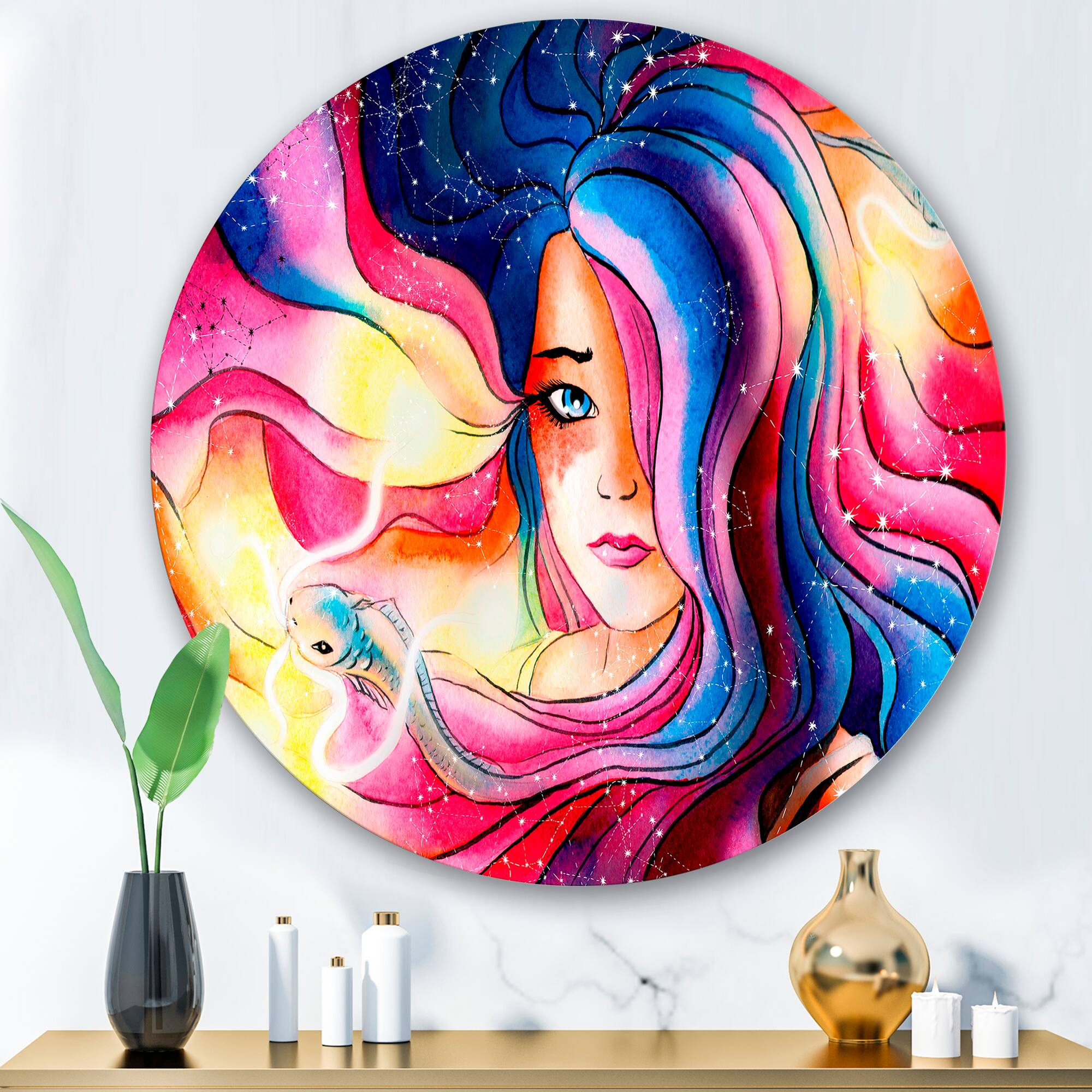Designart - The Girl With The Glowing Hair - Modern Metal Circle Wall Art