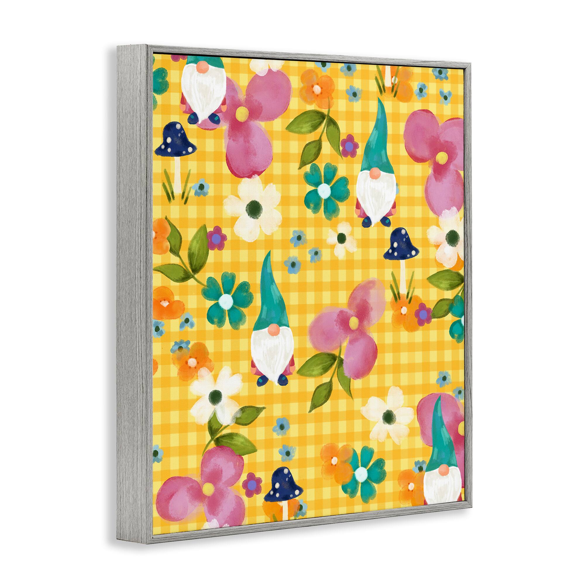 Stupell Industries Yellow Tartan Patterned Spring Gnomes Mushrooms Framed Giclee Art