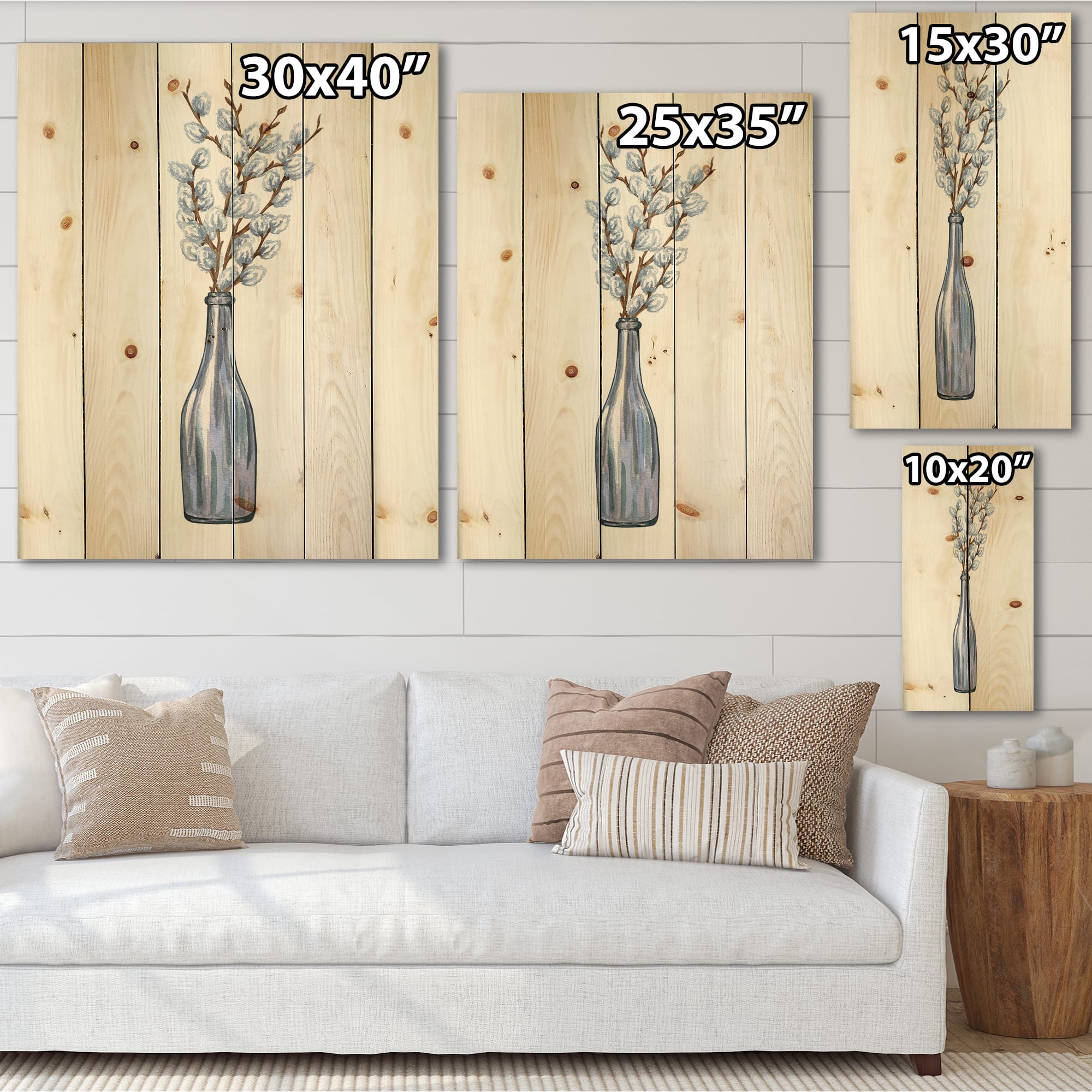 Designart - Bunch of Pussy Willow Twigs II - Farmhouse Print on Natural Pine Wood