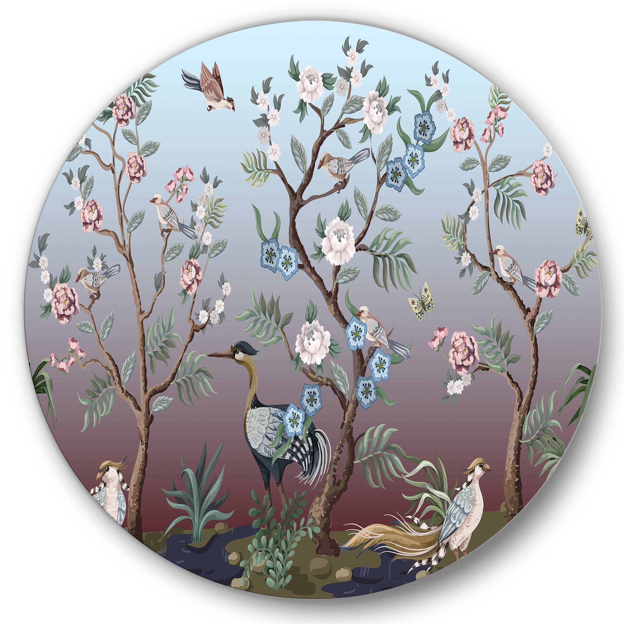 Designart - Chinoiserie With Birds and Peonies XI - Traditional Metal Circle Wall Art