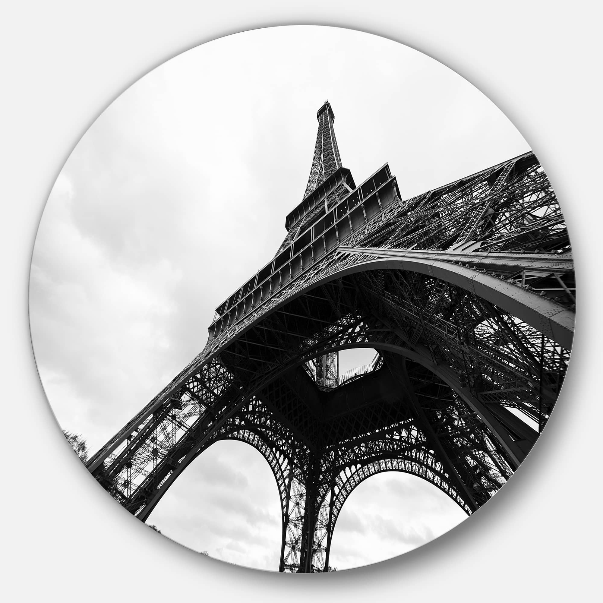Designart - Paris Paris Eiffel Towerin Black and White Side View' Ultra Glossy Cityscape Circle Wall Art