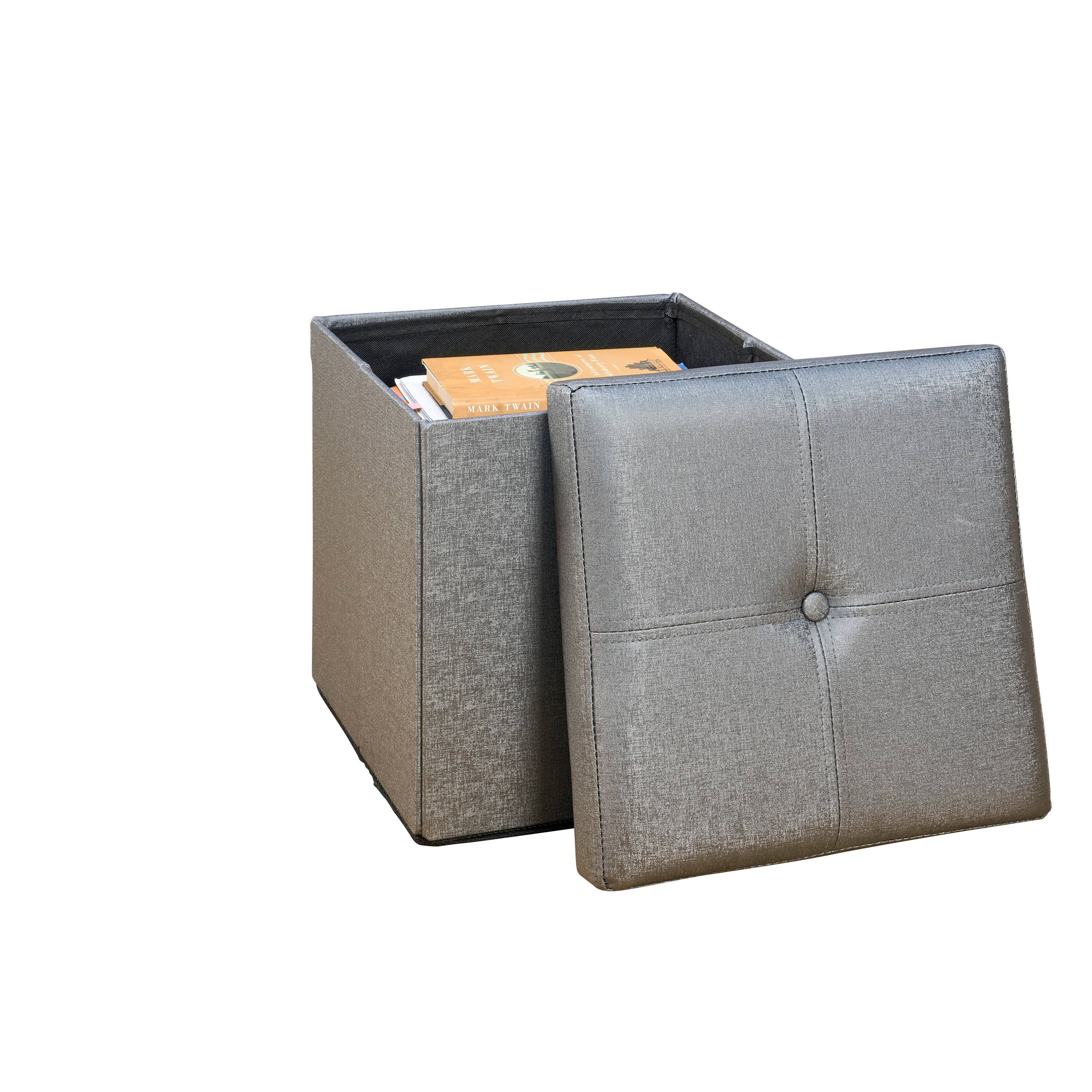 Simplify Metallic Faux Leather Folding Storage Ottoman Cube