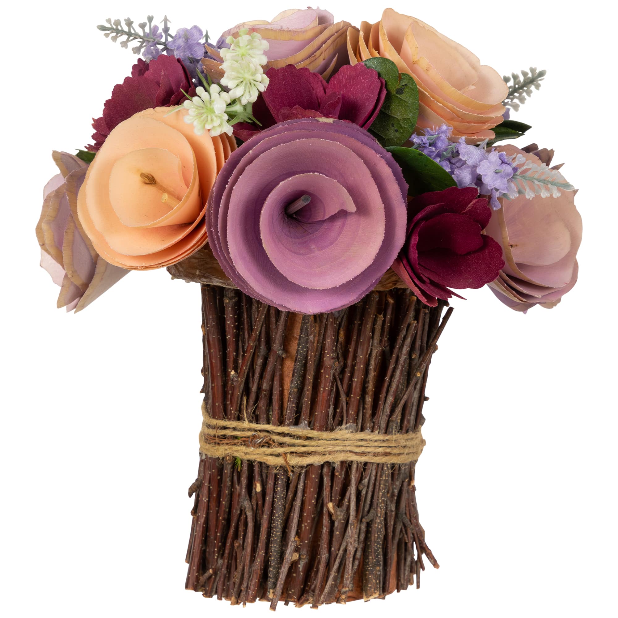 8.25" Pink & Yellow Wooden Artificial Floral Spring Bouquet