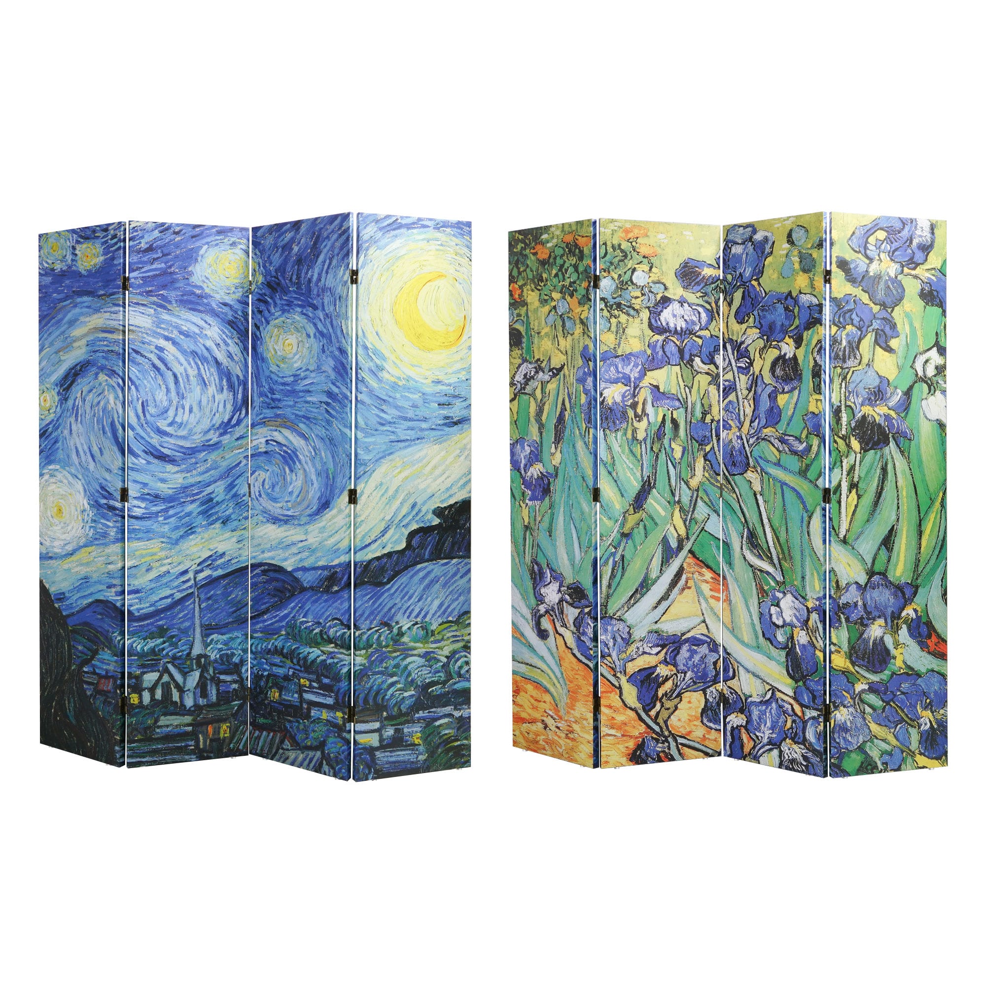American Art Decor&#x2122; 6ft. Double-Sided 4-Panel Van Gogh Starry Night and Irises Flowers Canvas Privacy Screen