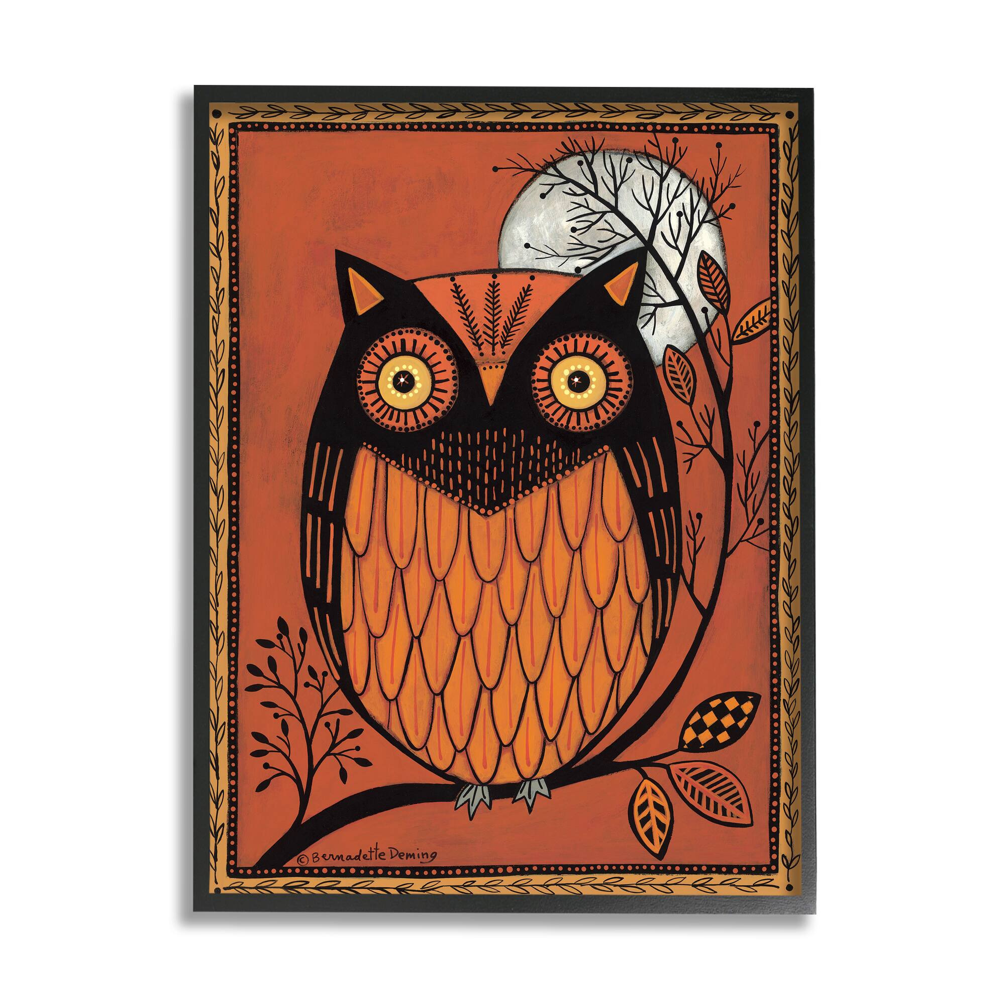 Stupell Industries Round Owl Autumn Botanical Border Framed Giclee Art