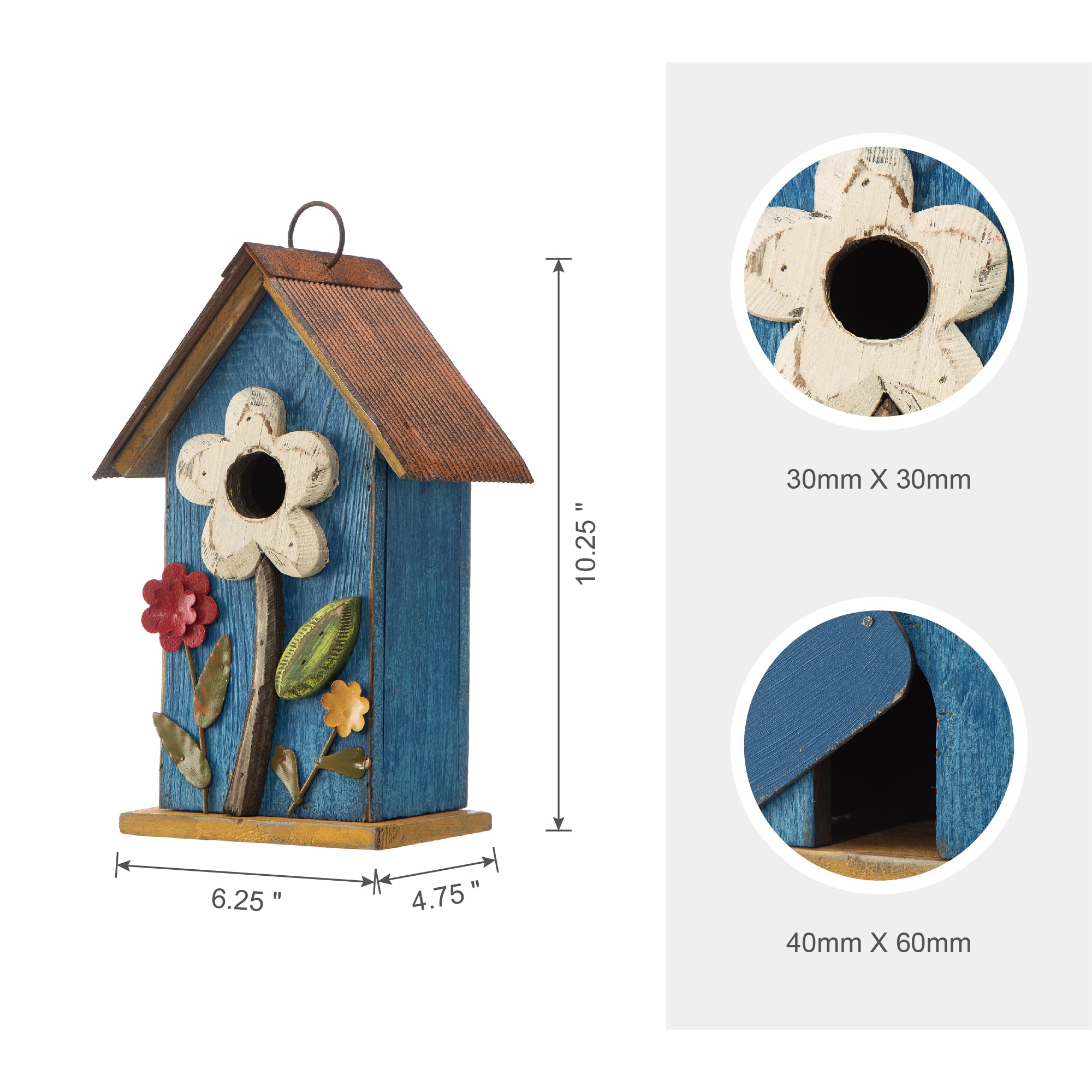 Glitzhome&#xAE; 10.25&#x22; Retro Blue Distressed Flower Birdhouse