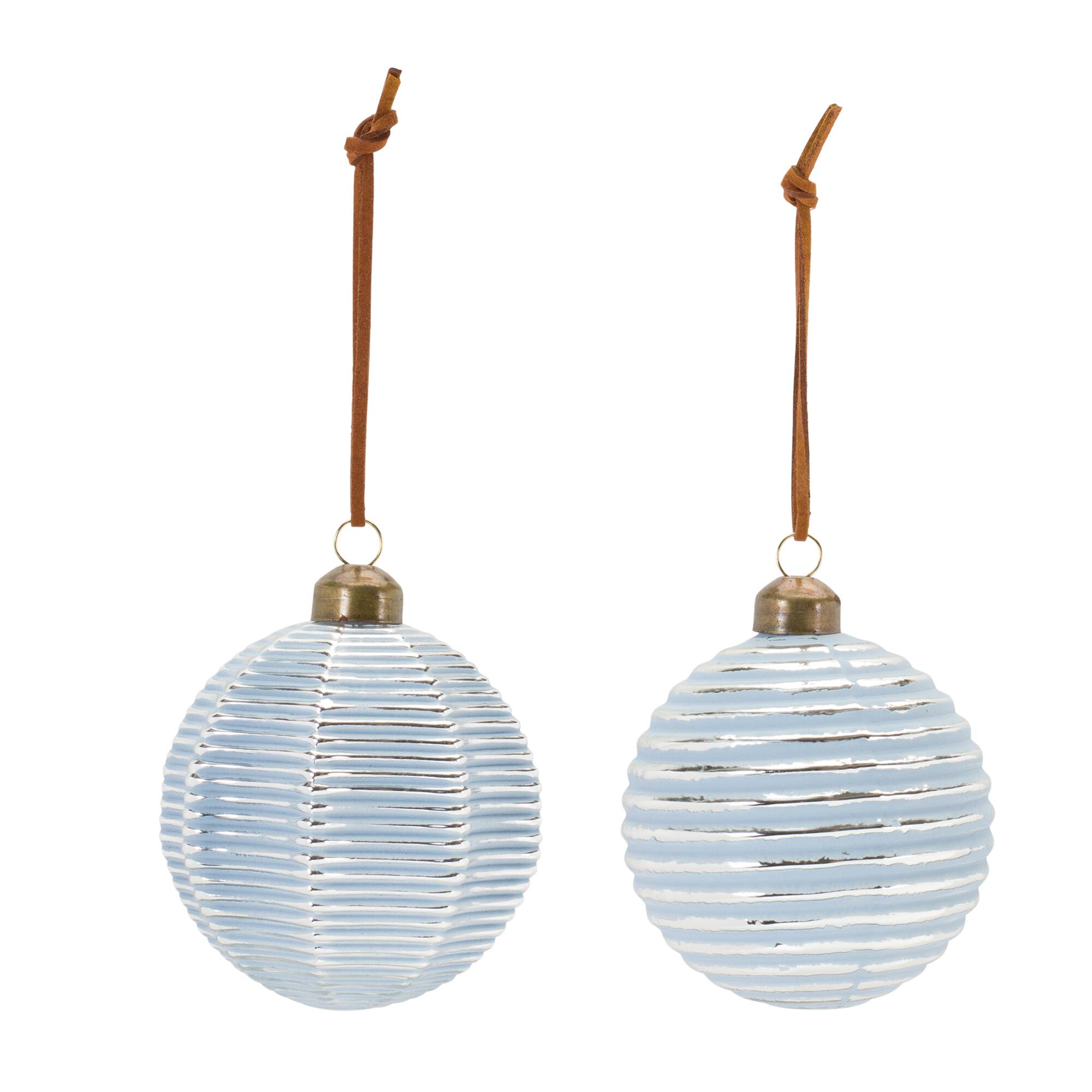 3&#x22; Ribbed Blue &#x26; White Glass Ball Ornament Set