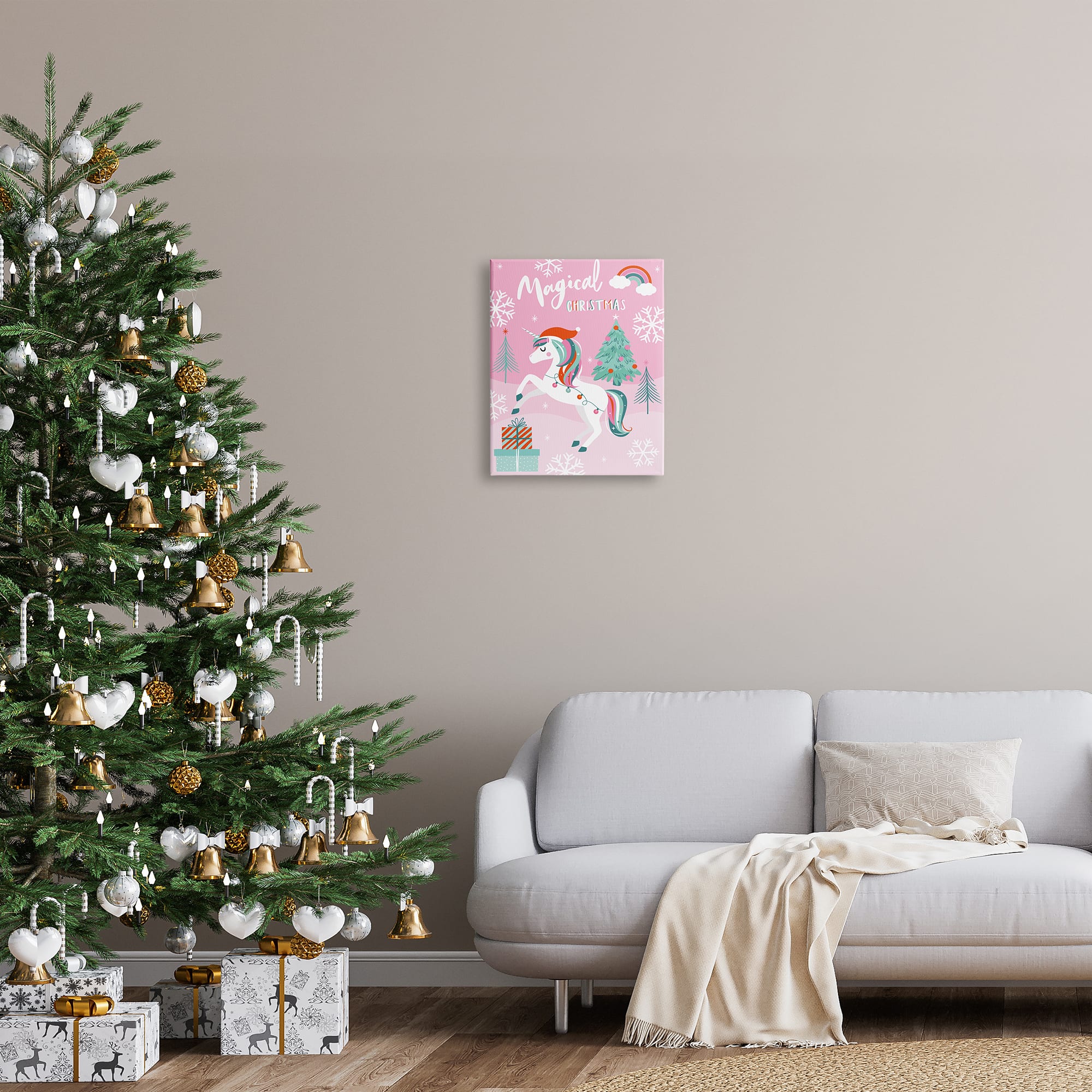 Stupell Industries Magical Christmas Pink Unicorn Canvas Wall Art