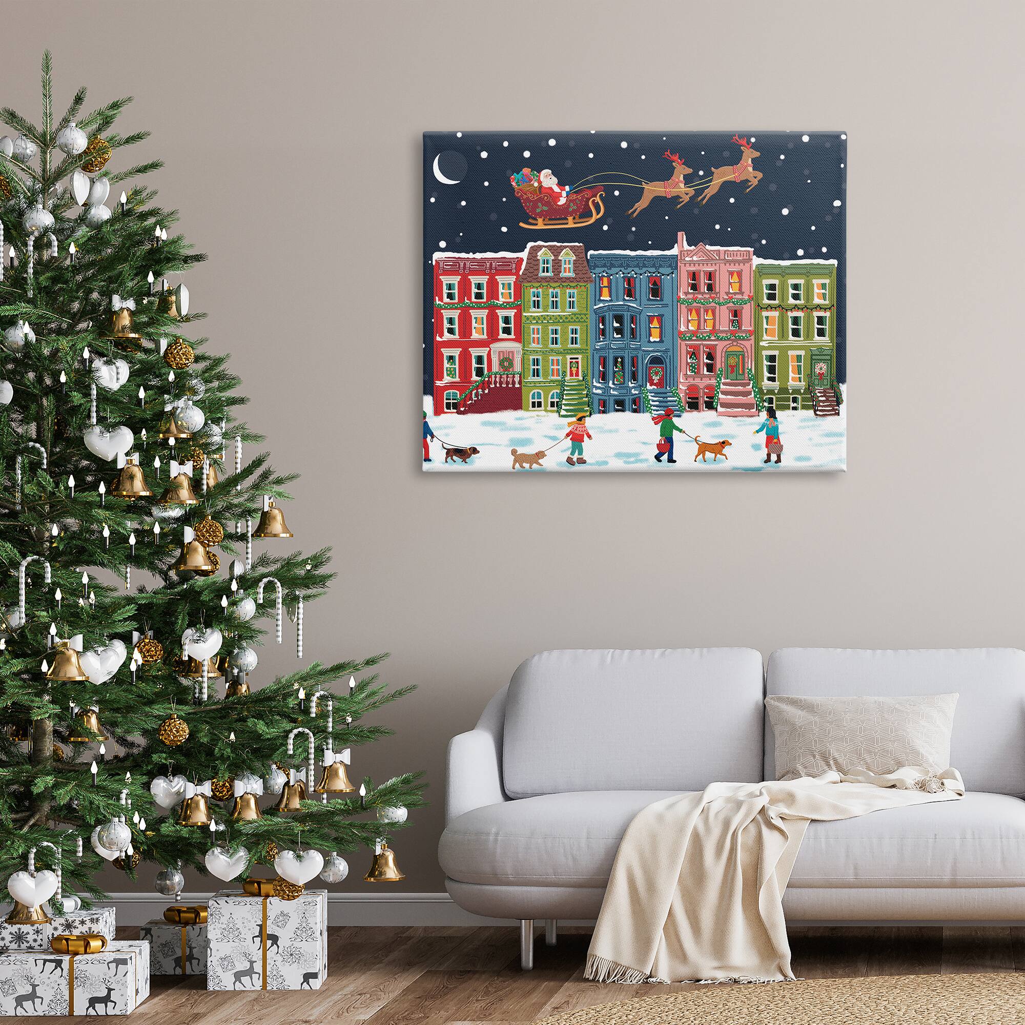 Stupell Industries Snowy Christmas Town Santa Overhead Canvas Wall Art