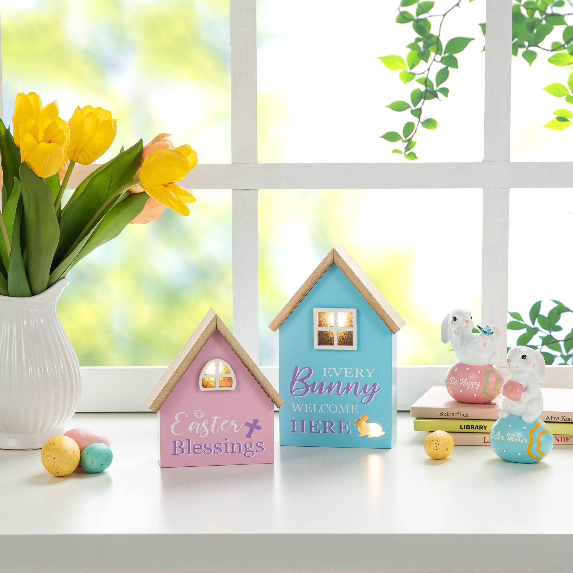 Glitzhome&#xAE; Lighted Easter Wooden House-Shaped Table D&#xE9;cor Set