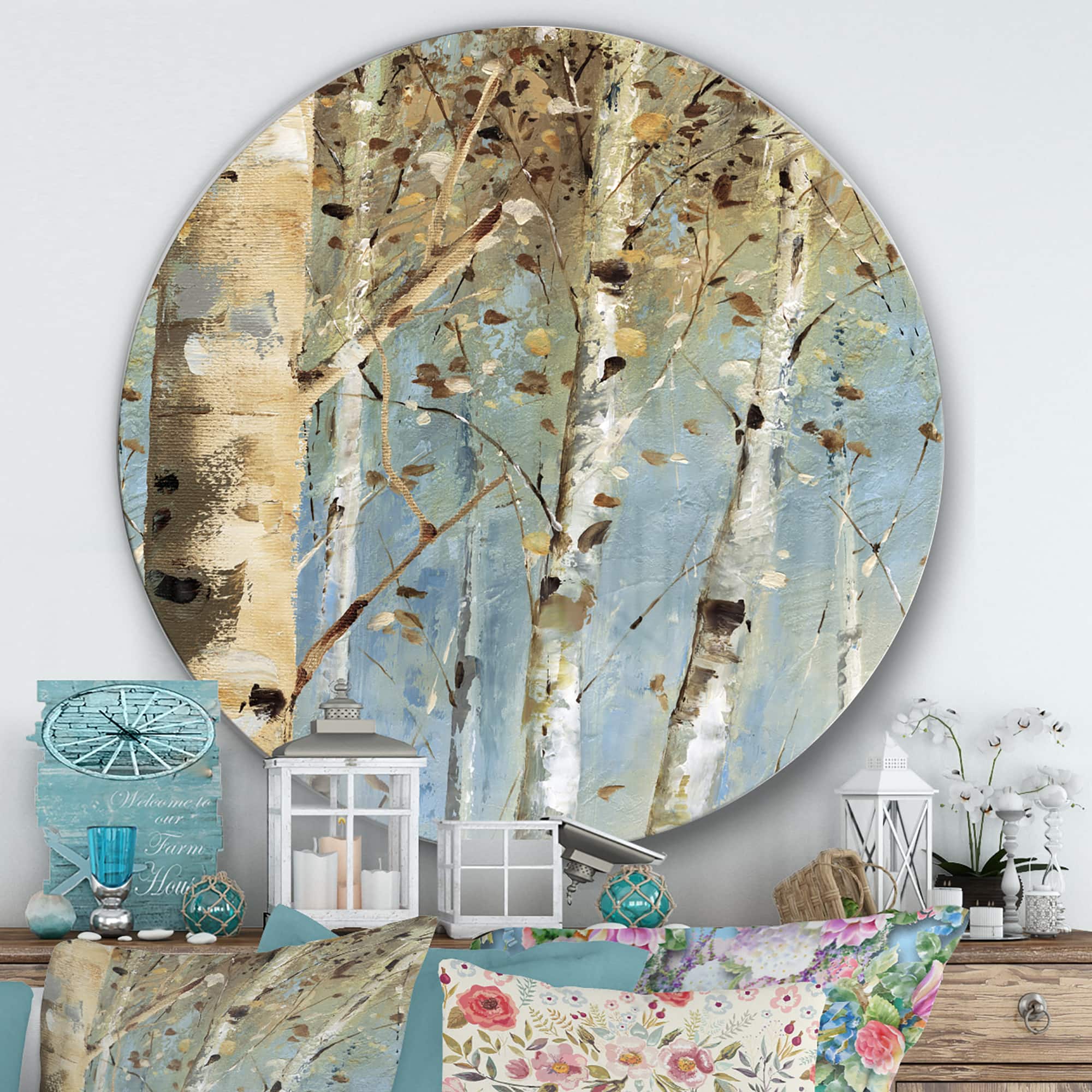 Designart - White Birch Forest I - Farmhouse Metal Circle Wall Art