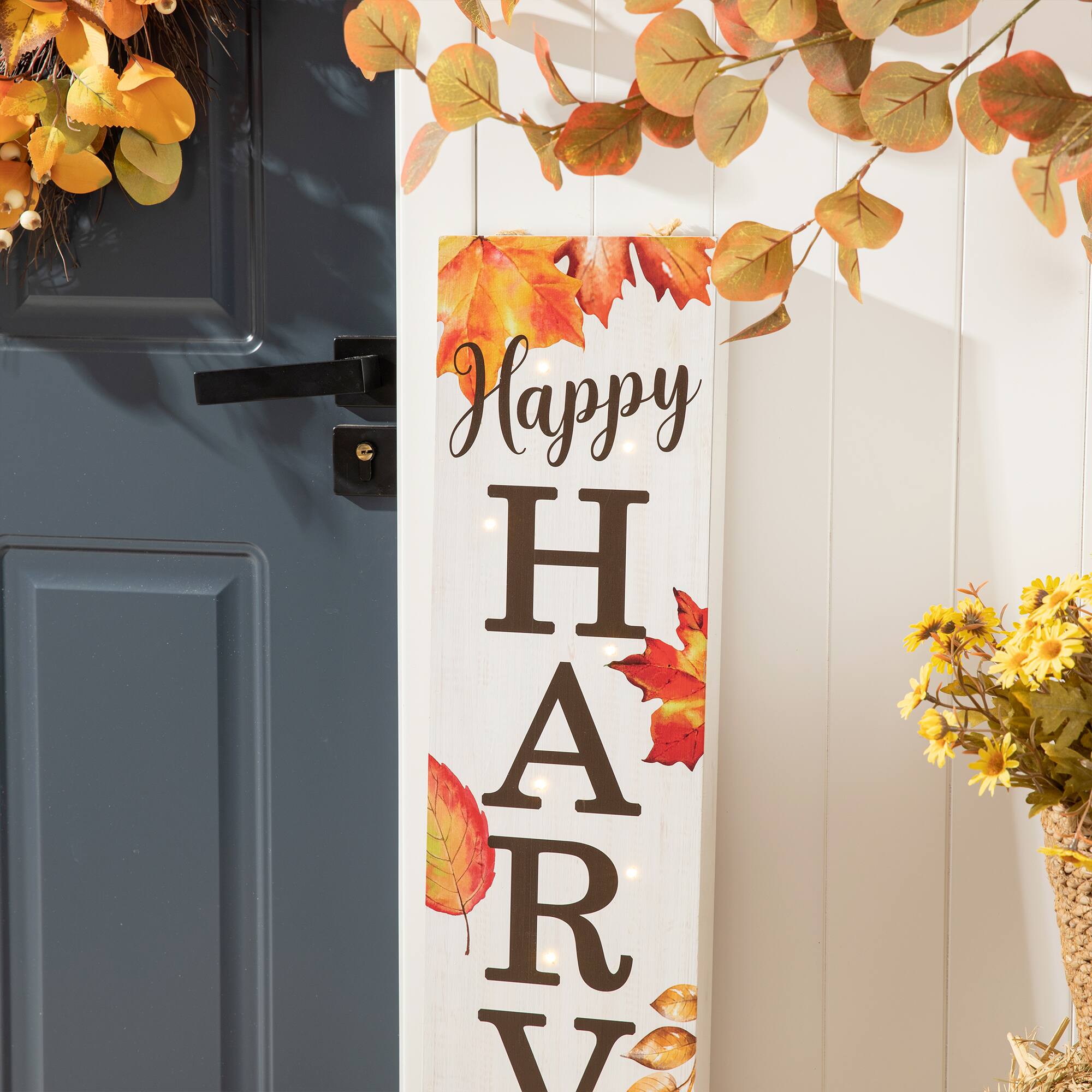 Glitzhome&#xAE; 42&#x22; Fall Lighted Maple Leaves Wooden Porch Sign with Timer