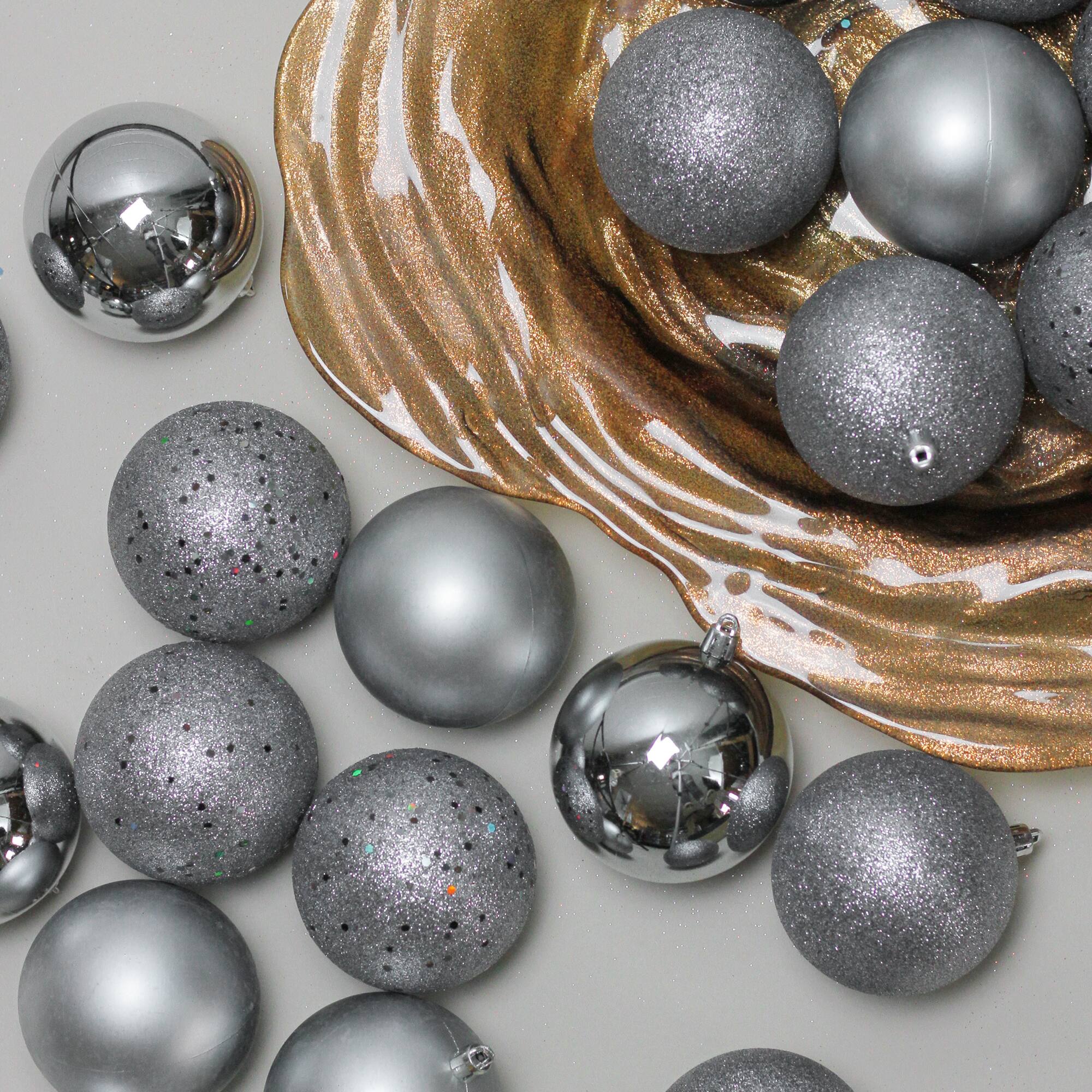 32ct. 3.5" Pewter Gray Shatterproof 4-Finish Christmas Ball Ornaments