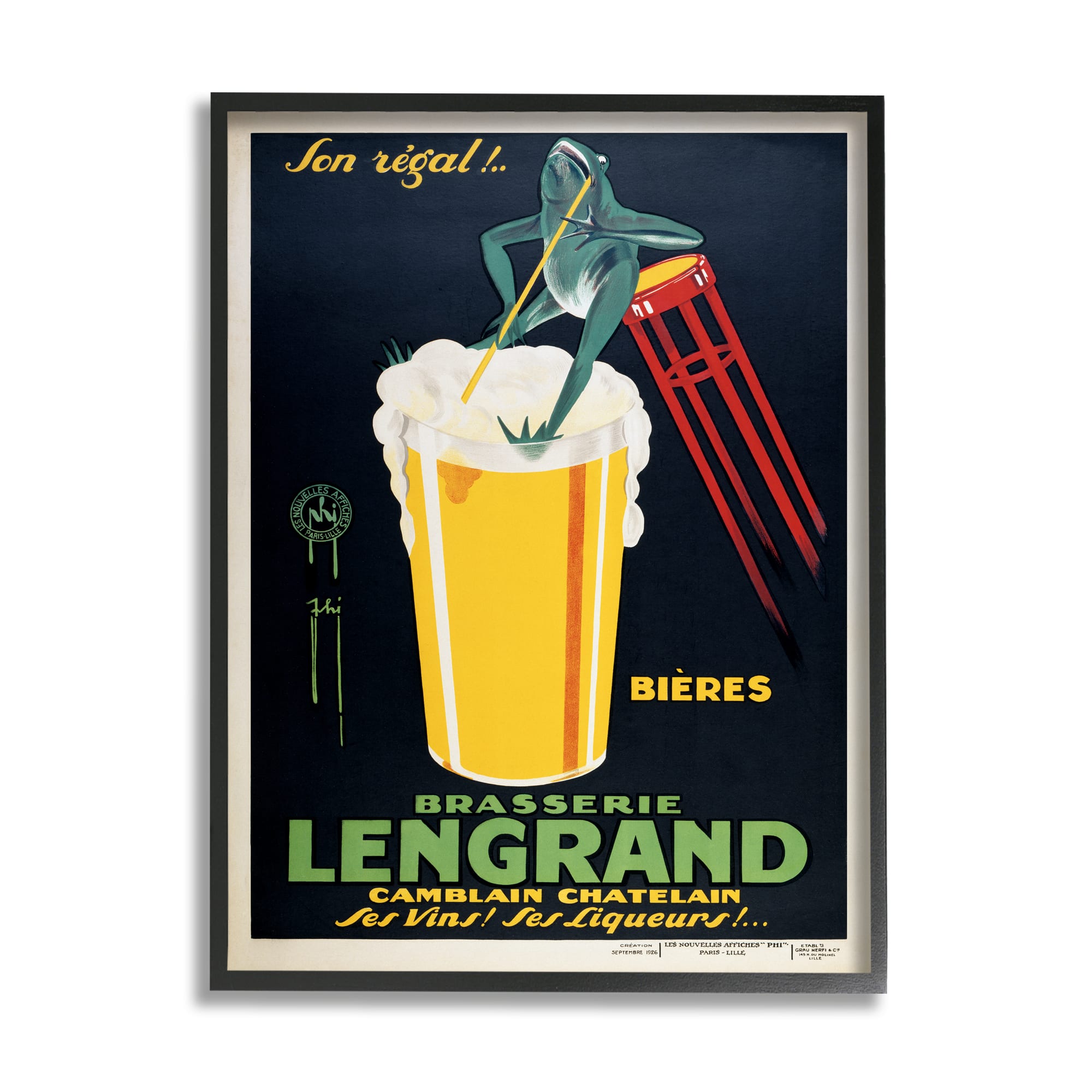 Stupell Industries Vintage Brasserie Lengrand European Advertisement Frog Beer in Black Frame Wall Art