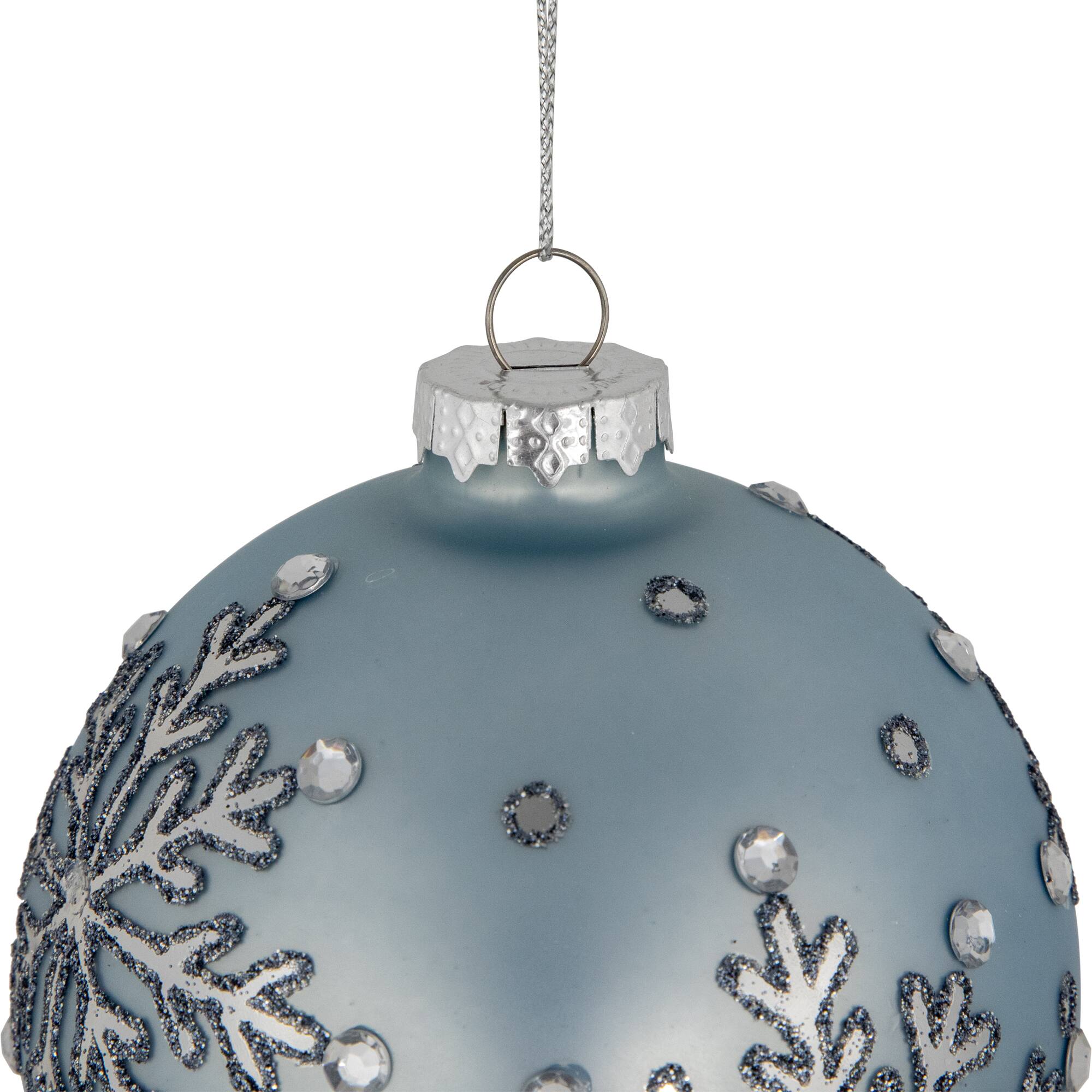2ct. 4&#x22; Light Blue Jeweled Reflective Snowflakes Glass Ball Ornaments