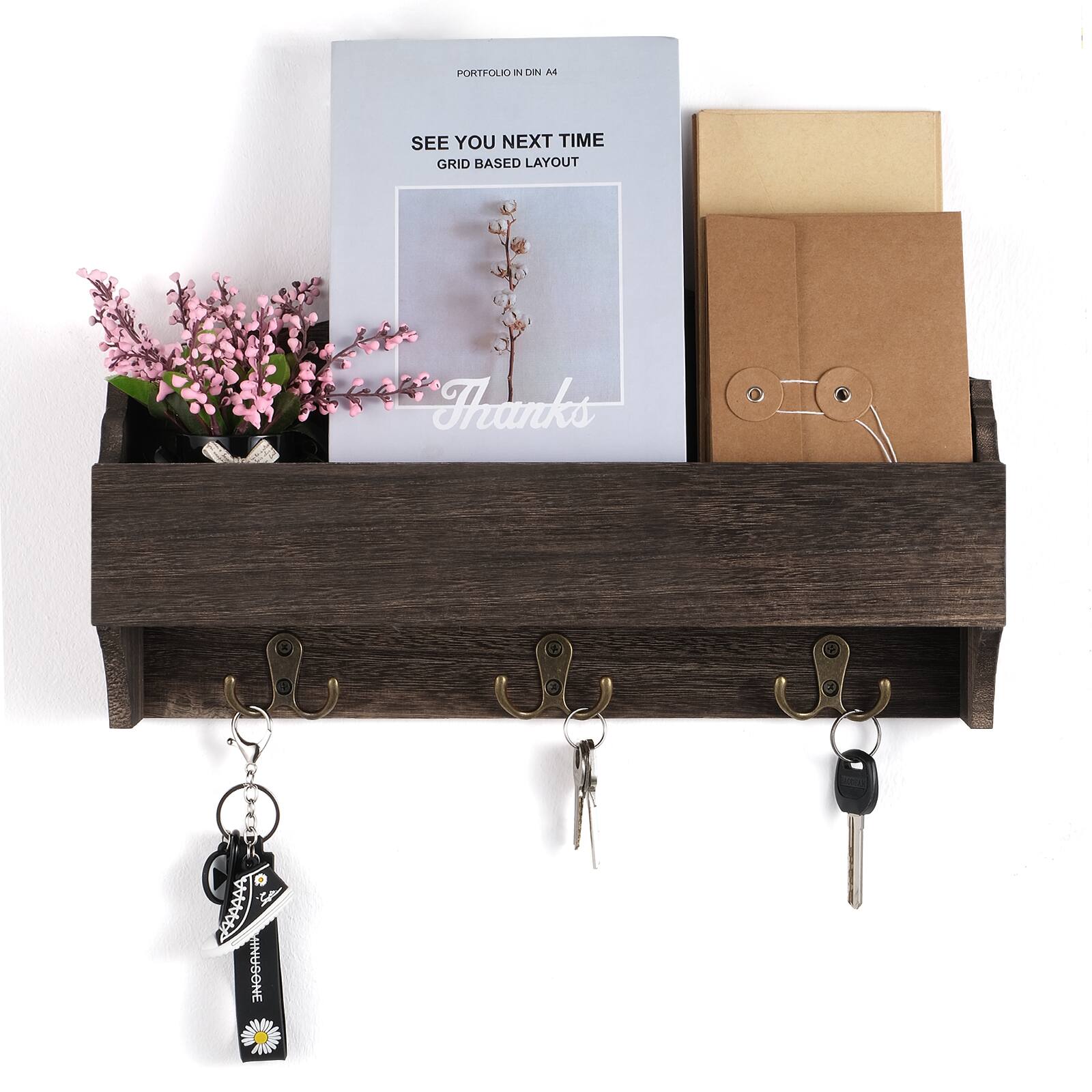 NEX™ Rustic Brown Wall-Mounted Wooden Key Rack with 3 Double Key Hooks