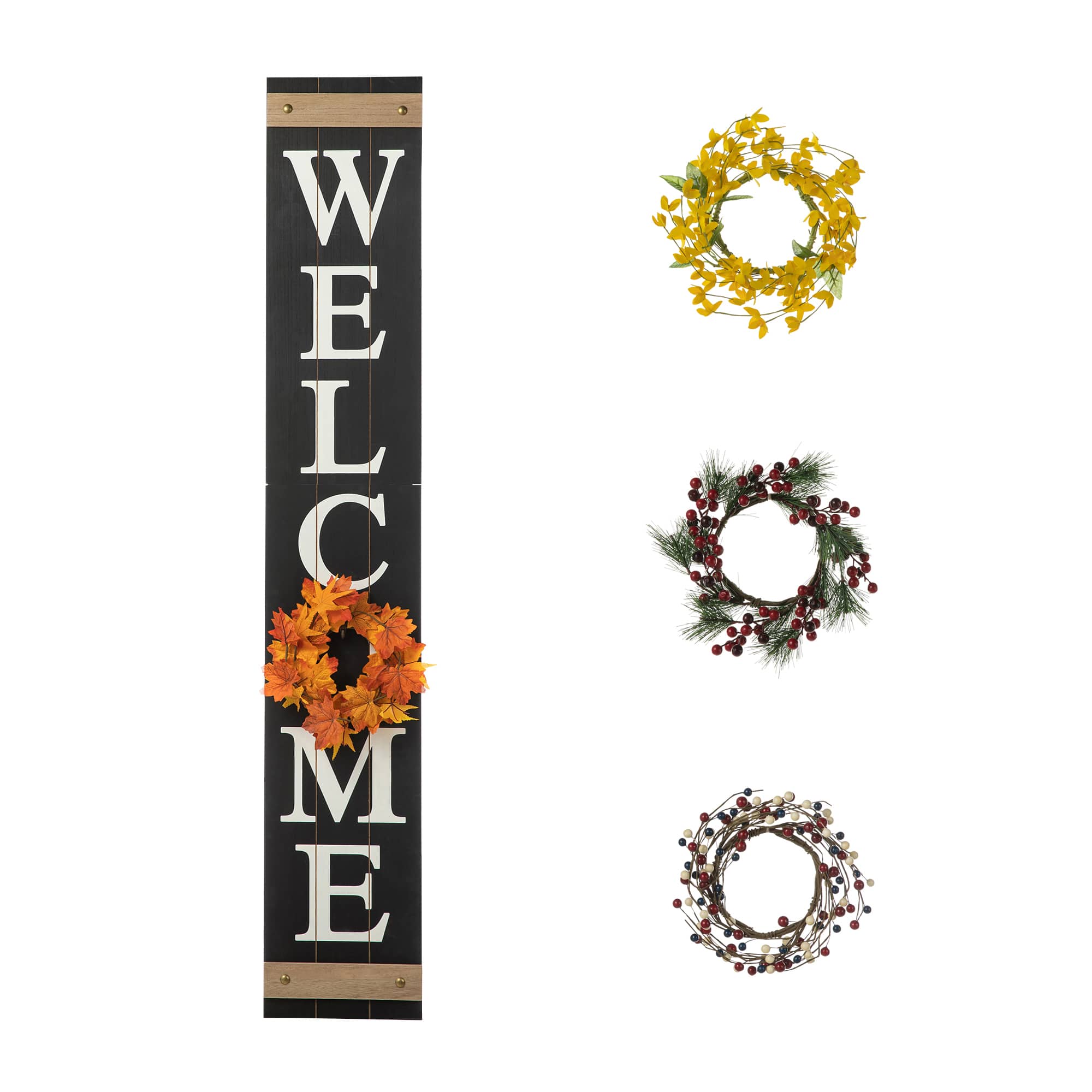 Glitzhome&#xAE; 5ft. Wooden Welcome Porch Sign with 4 Changeable Wreaths